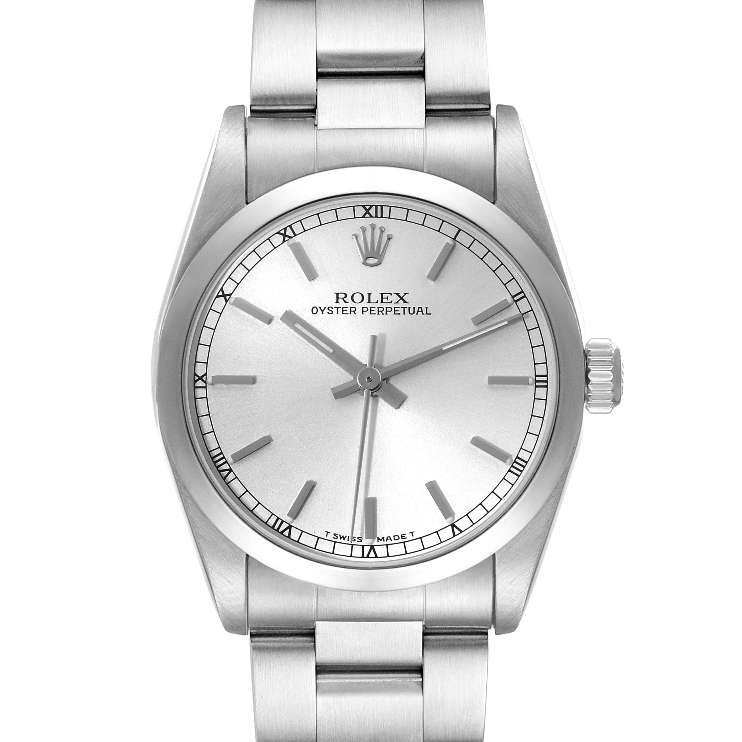 This is a front-angle view of a Rolex Mid-Size 67480 Women
s Stainless Steel Silver Dial 67480 Women
s Stainless Steel Silver Dial Oyster Perpetual watch, featuring its dial, case, bracelet, and crown.