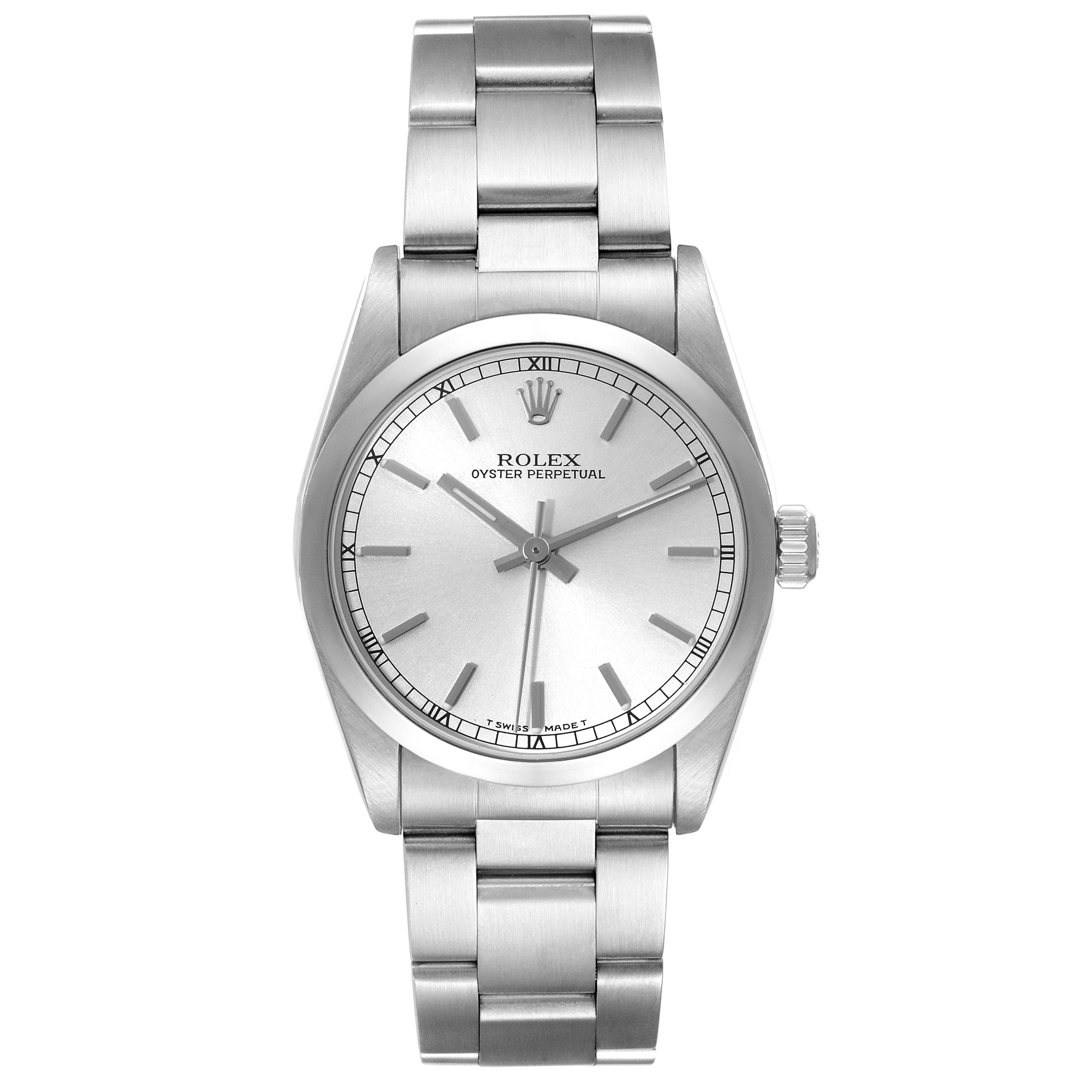 The image shows a front view of the Rolex Oyster Perpetual Mid-Size watch, highlighting the dial, hands, bezel, and bracelet.