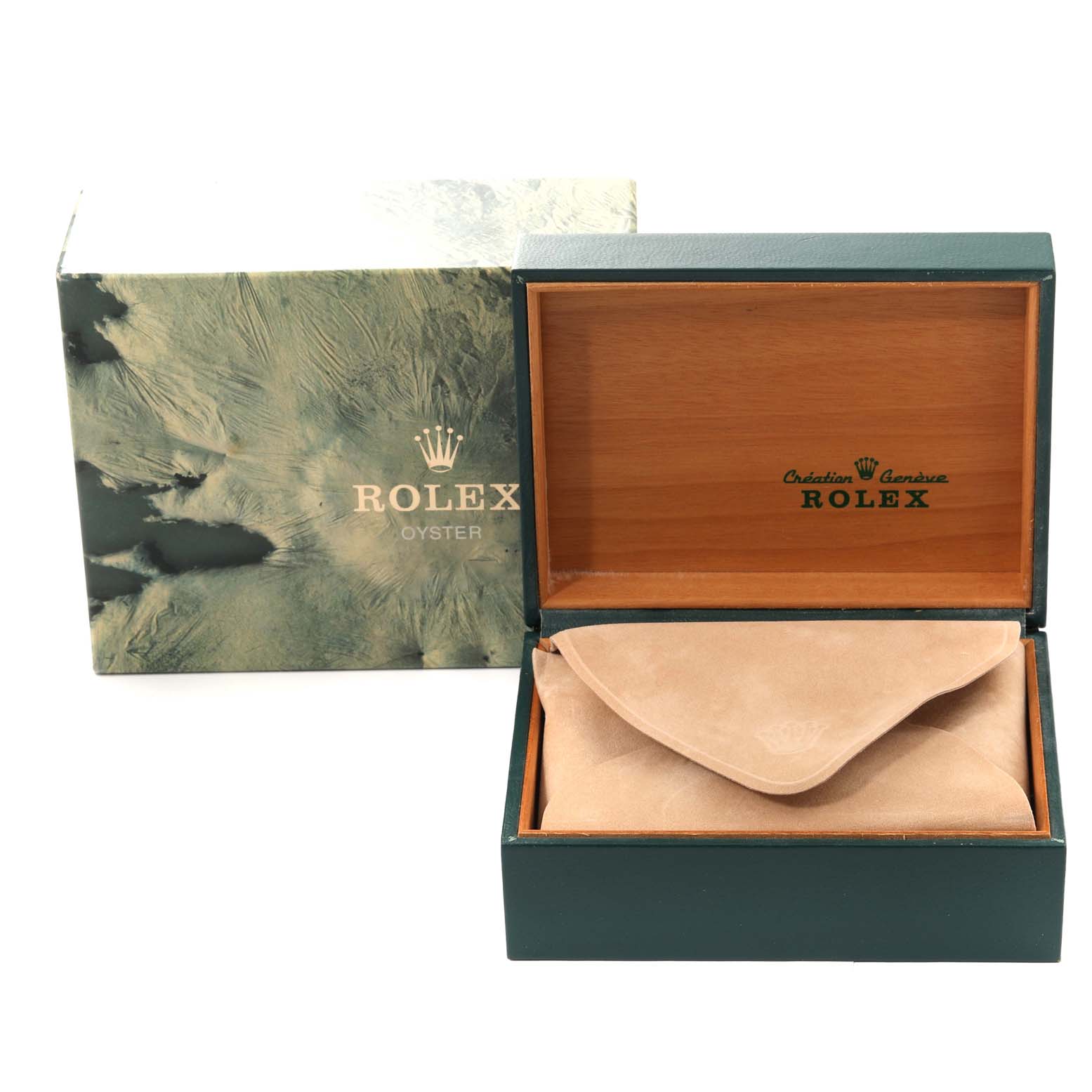 This image shows the Rolex Mid-Size 67480 Women
s Stainless Steel Silver Dial 67480 Women
s Stainless Steel Silver Dial Oyster model watch box, including the outer box, inner wooden box, and a suede pouch.