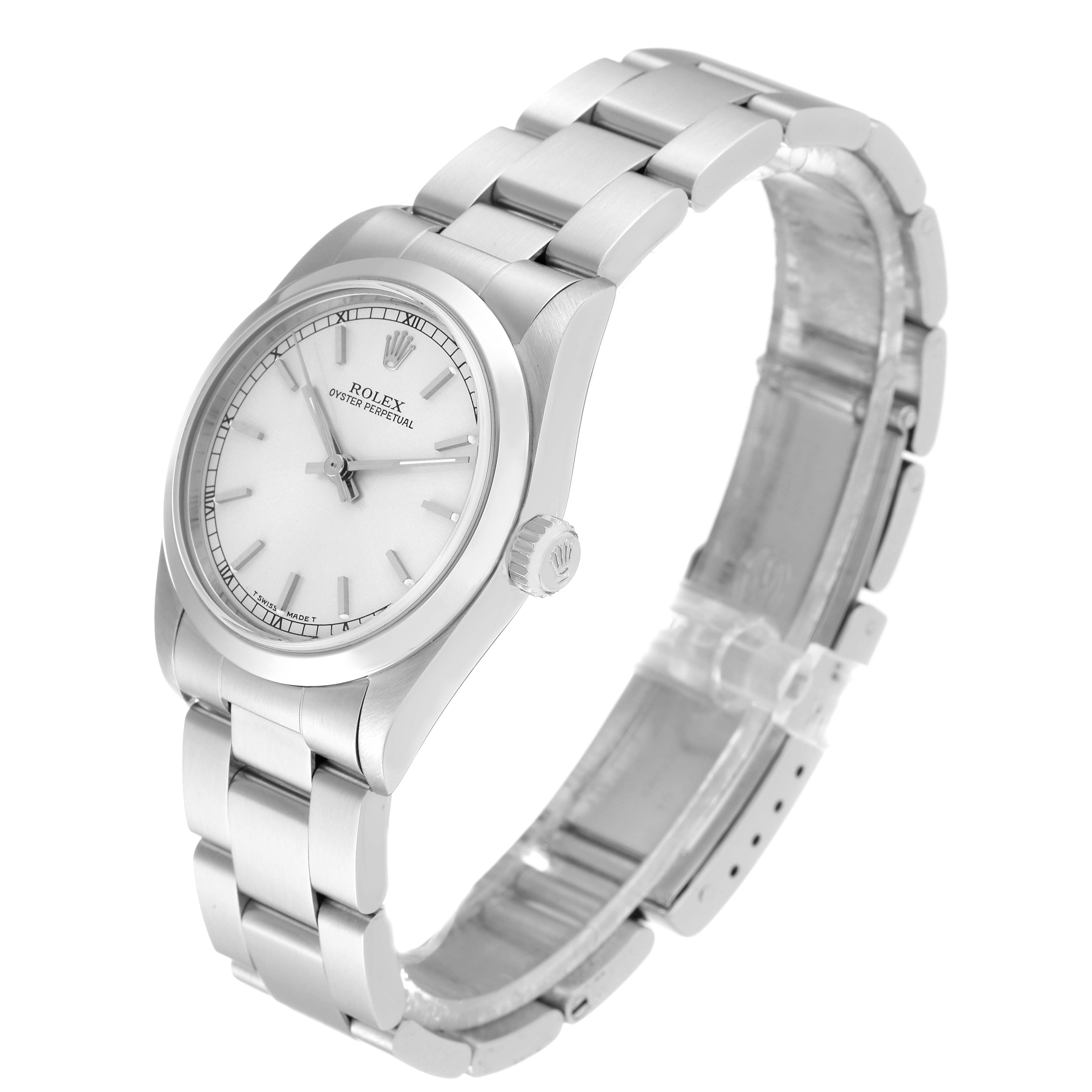 The image shows a Rolex Mid-Size 67480 Women
s Stainless Steel Silver Dial 67480 Women
s Stainless Steel Silver Dial model from an angled view, displaying the face, bezel, crown, and bracelet.