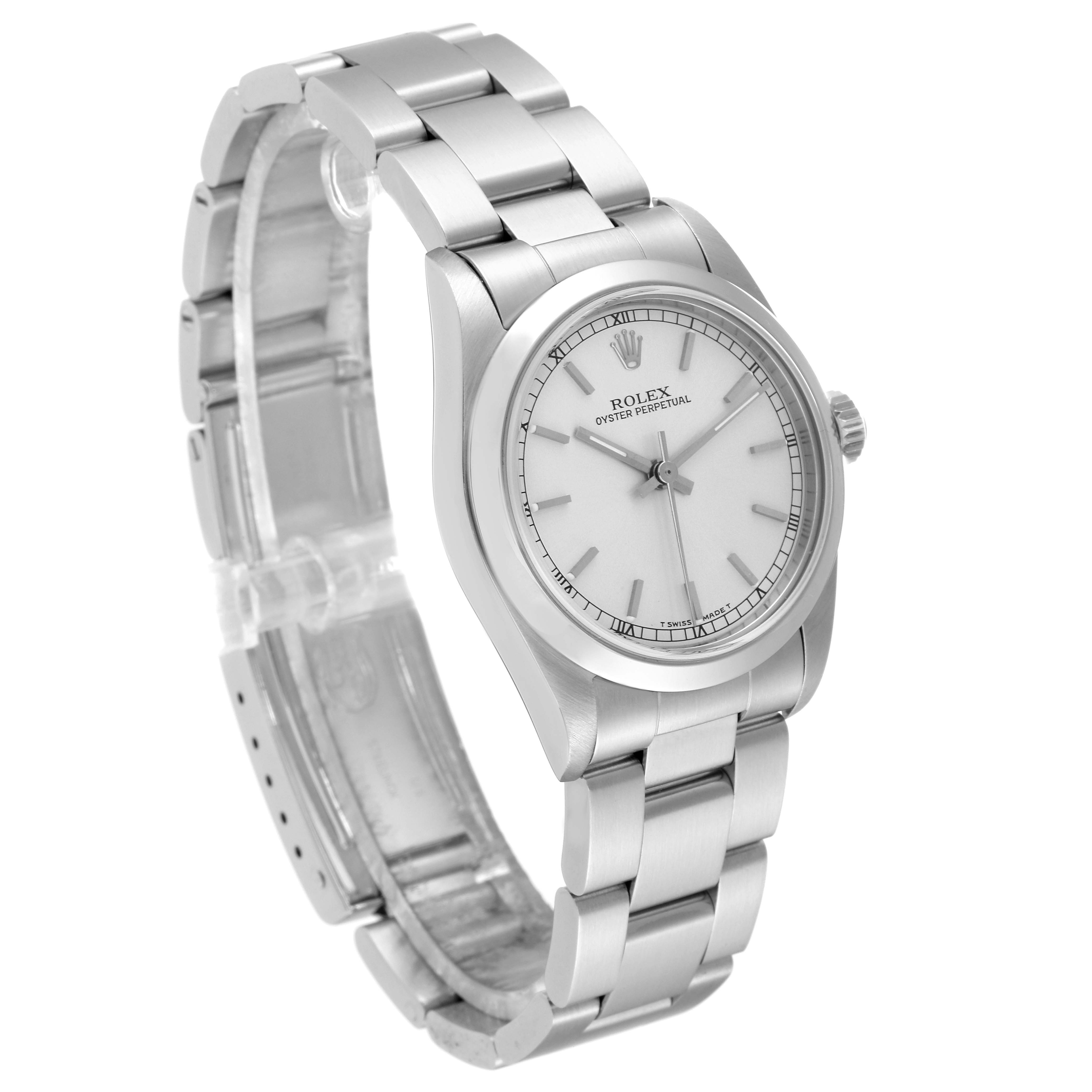The Rolex Mid-Size 67480 Women
s Stainless Steel Silver Dial 67480 Women
s Stainless Steel Silver Dial watch is shown at a three-quarter angle, displaying the face, bezel, and bracelet.