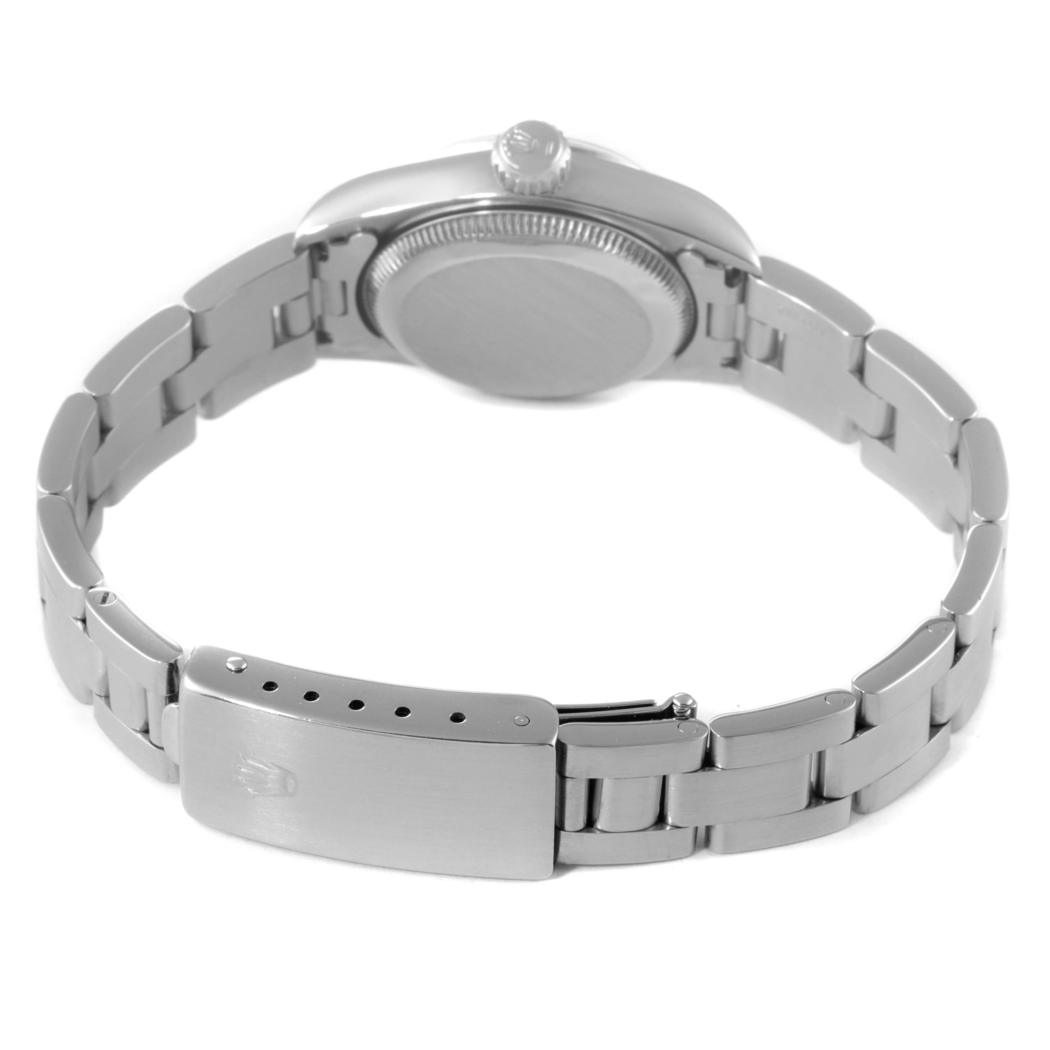 This image shows the reverse side of the Rolex Oyster Perpetual 67180 Women
s Stainless Steel Blue Dial 67180 Women
s Stainless Steel Blue Dial watch, highlighting the bracelet, clasp, and case back.