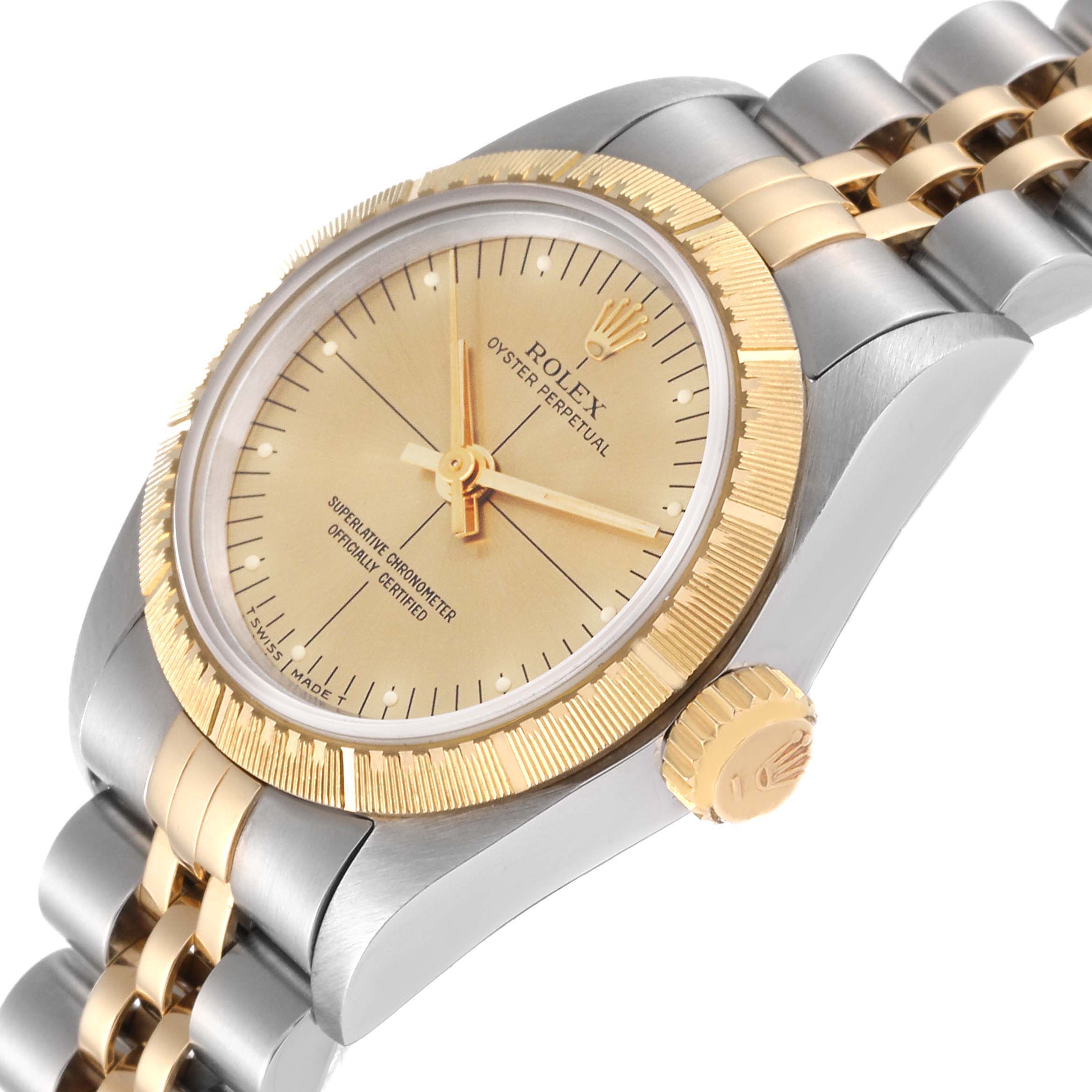 The image shows an angled view of a Rolex Oyster Perpetual 67243 Women's Steel and Gold (two tone) Champagne Dial 67243 Women's Steel and Gold (two tone) Champagne Dial watch, highlighting the dial, bezel, and bracelet.