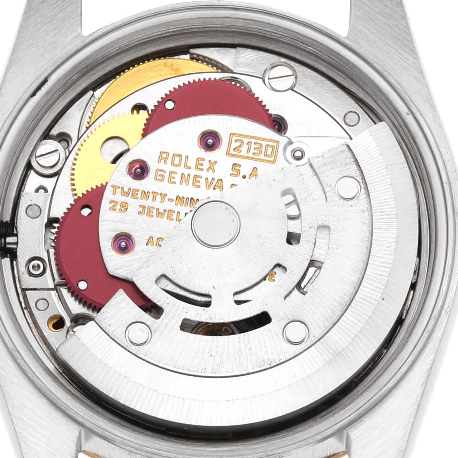 This image shows a close-up of the movement inside a Rolex Oyster Perpetual 67243 Women's Steel and Gold (two tone) Champagne Dial 67243 Women's Steel and Gold (two tone) Champagne Dial watch.