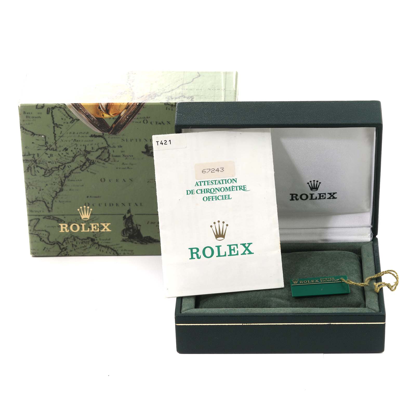 The image shows the box, documentation, and tag for a Rolex Oyster Perpetual 67243 Women's Steel and Gold (two tone) Champagne Dial 67243 Women's Steel and Gold (two tone) Champagne Dial watch.