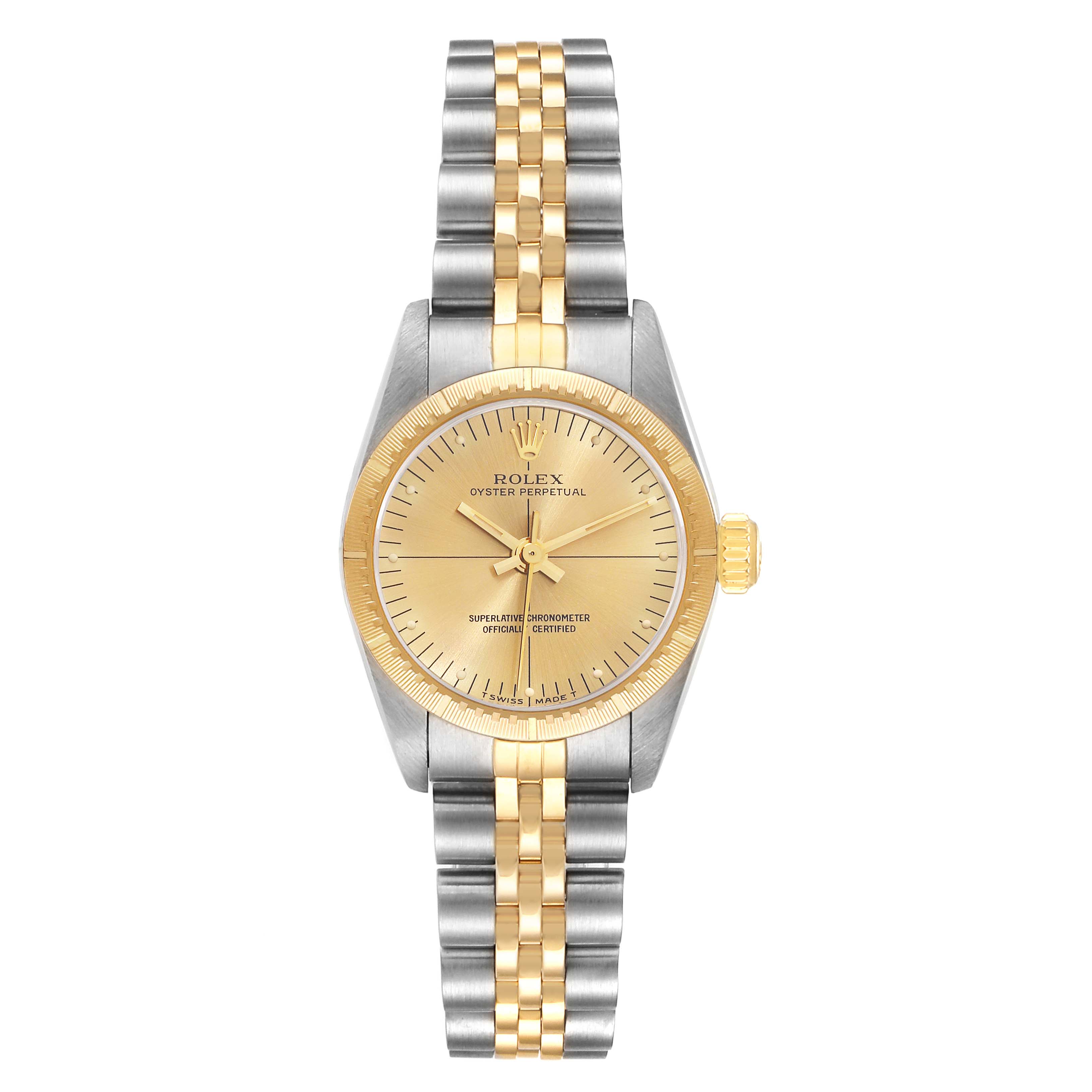 This image shows a front view of a Rolex Oyster Perpetual 67243 Women's Steel and Gold (two tone) Champagne Dial 67243 Women's Steel and Gold (two tone) Champagne Dial watch with a dual-tone bracelet and gold bezel.