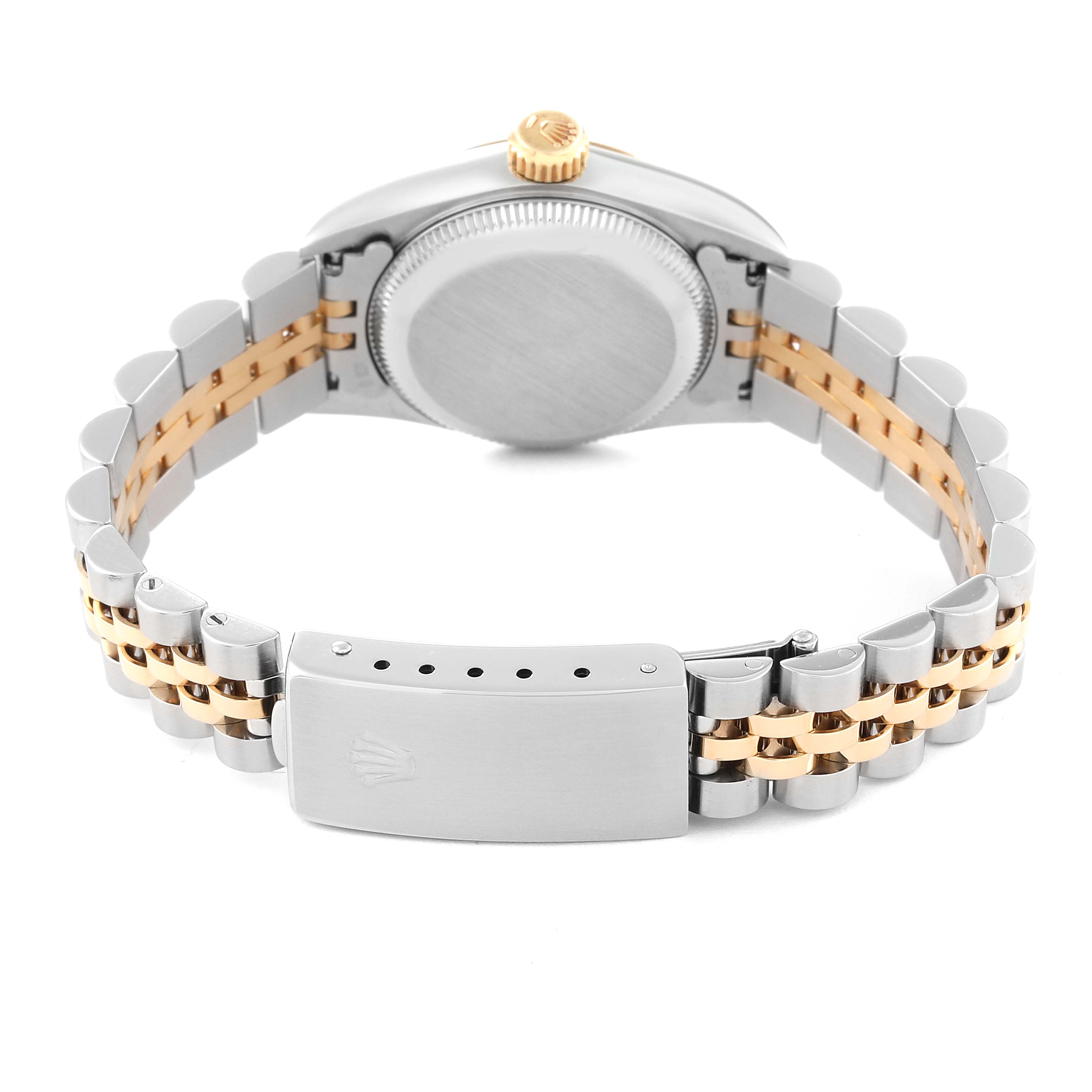 This image shows the back case, crown, and jubilee bracelet of the Rolex Oyster Perpetual 67243 Women's Steel and Gold (two tone) Champagne Dial 67243 Women's Steel and Gold (two tone) Champagne Dial watch from a rear angle.