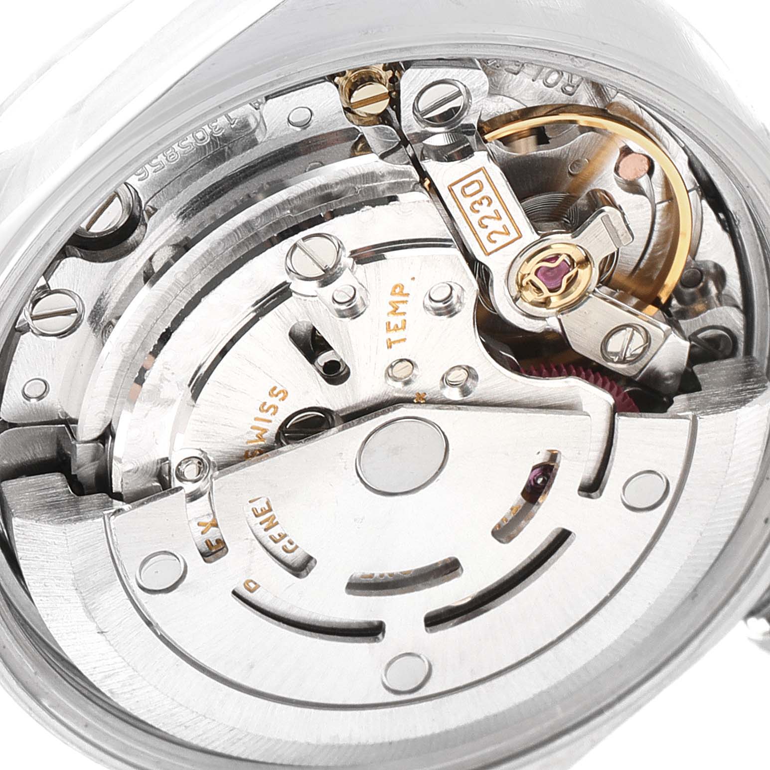 This image shows a close-up view of the internal mechanism of a Rolex Oyster Perpetual 76080 Women
s Stainless Steel Pink Dial 76080 Women
s Stainless Steel Pink Dial watch.