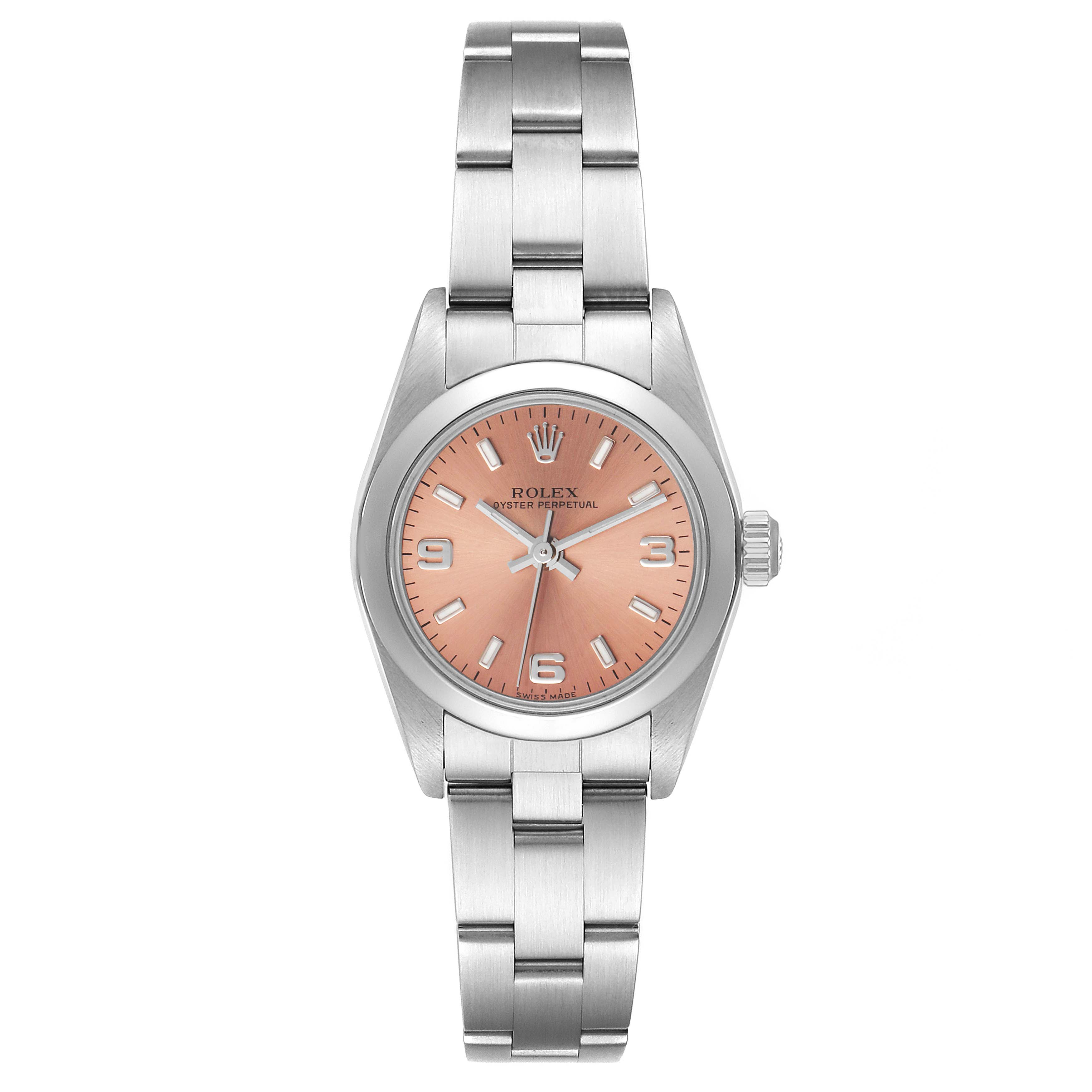 This image shows a front view of a Rolex Oyster Perpetual 76080 Women
s Stainless Steel Pink Dial 76080 Women
s Stainless Steel Pink Dial watch with a pink dial and stainless steel bracelet.