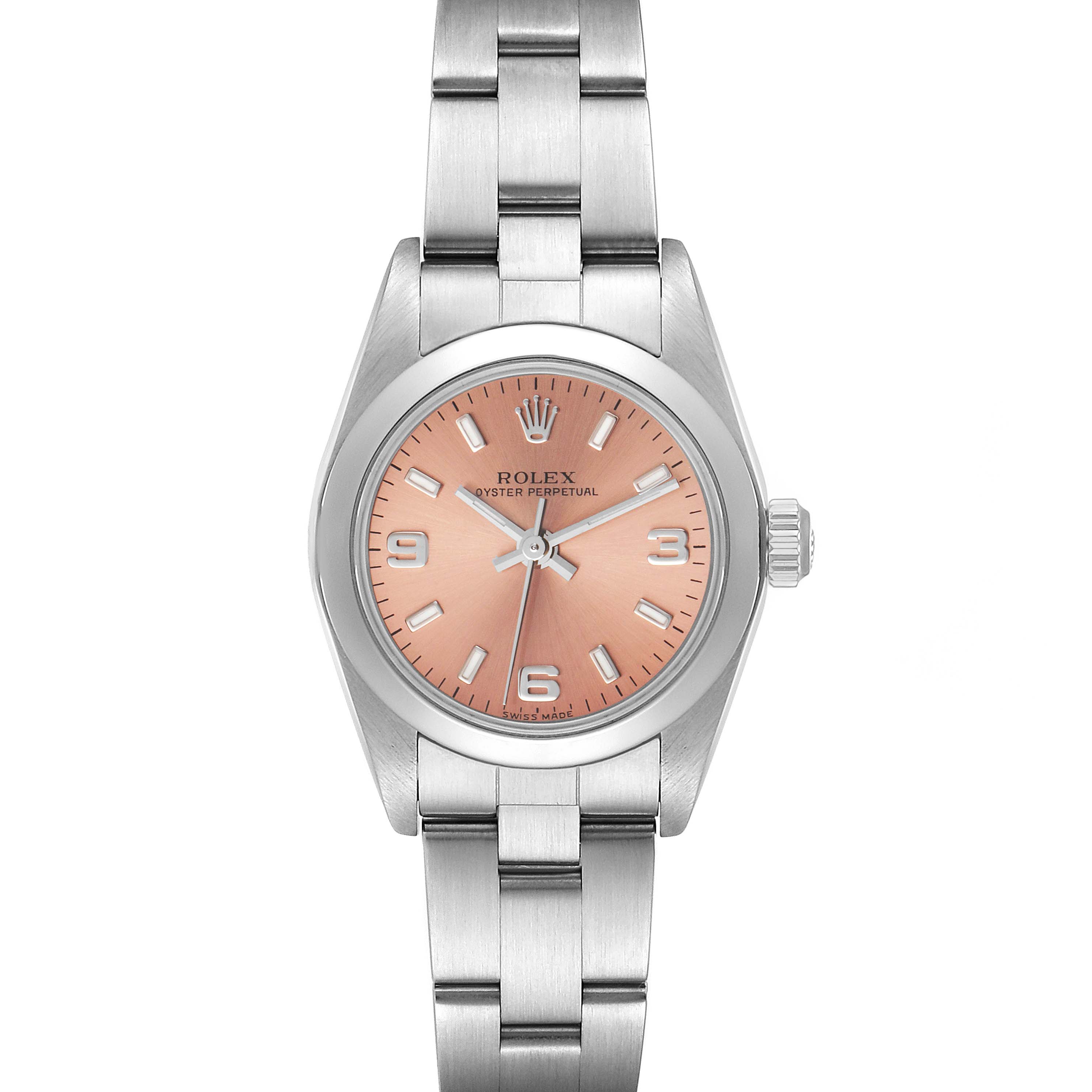 This is a front view of a Rolex Oyster Perpetual 76080 Women
s Stainless Steel Pink Dial 76080 Women
s Stainless Steel Pink Dial watch showcasing its dial, hands, and bracelet.
