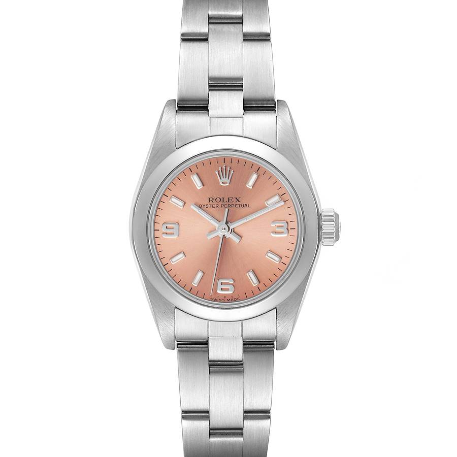 Rolex Oyster Perpetual Salmon Dial Domed Bezel Steel Watch 76080 Box Card SwissWatchExpo