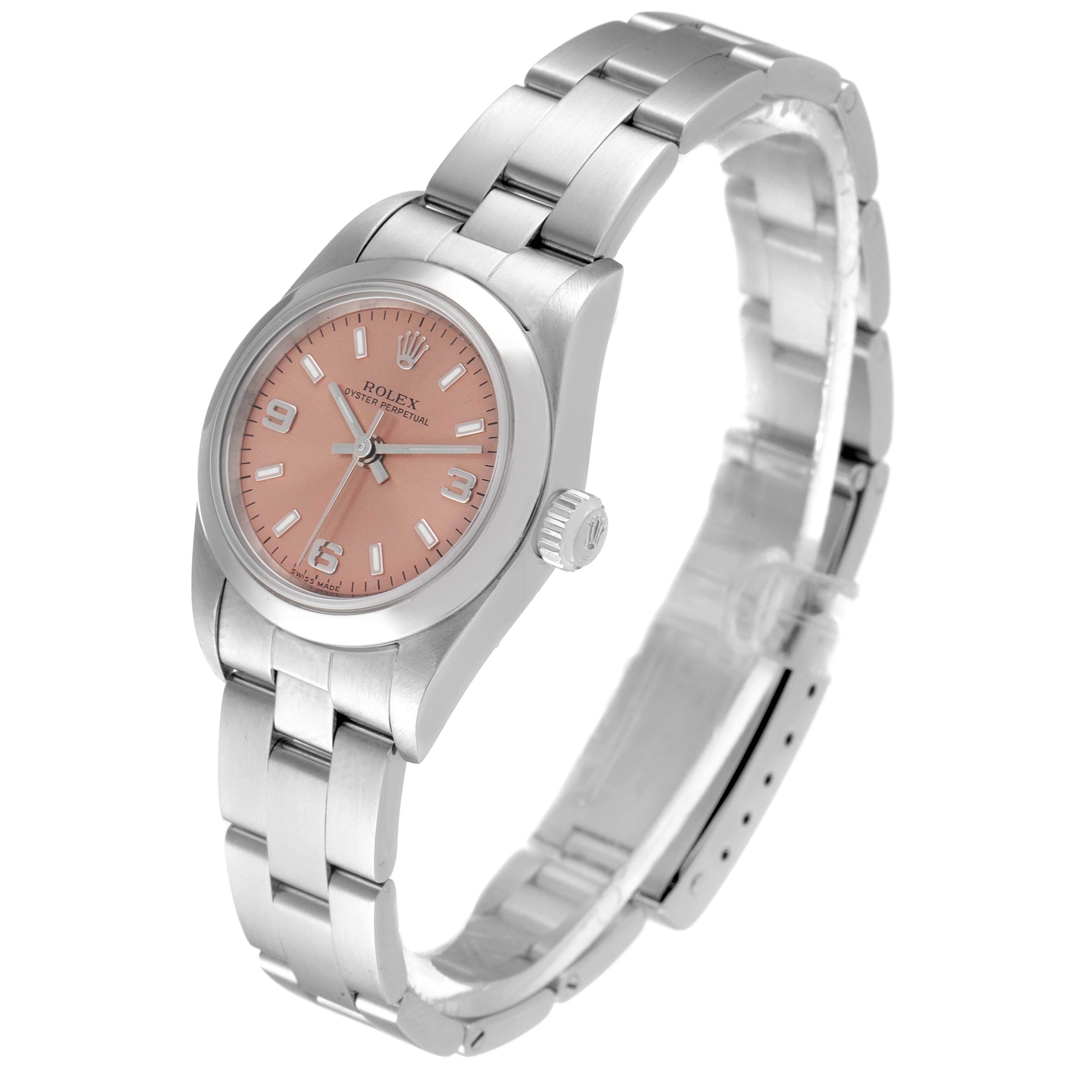 The Rolex Oyster Perpetual 76080 Women
s Stainless Steel Pink Dial 76080 Women
s Stainless Steel Pink Dial watch is shown at a slight angle, highlighting the face, bezel, case, and bracelet.