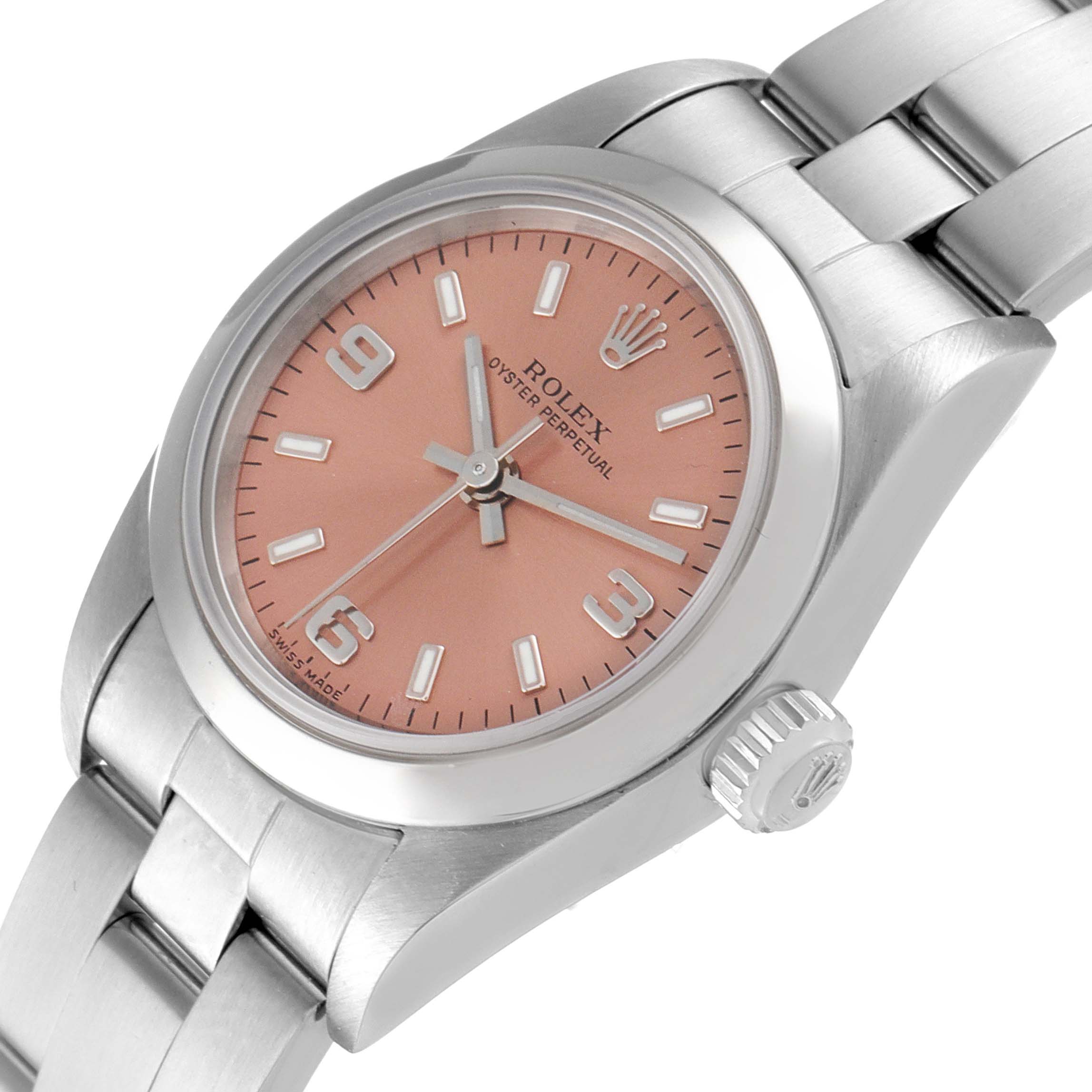 The Rolex Oyster Perpetual 76080 Women
s Stainless Steel Pink Dial 76080 Women
s Stainless Steel Pink Dial watch is shown from a slightly angled side view, highlighting the dial, crown, and bracelet.