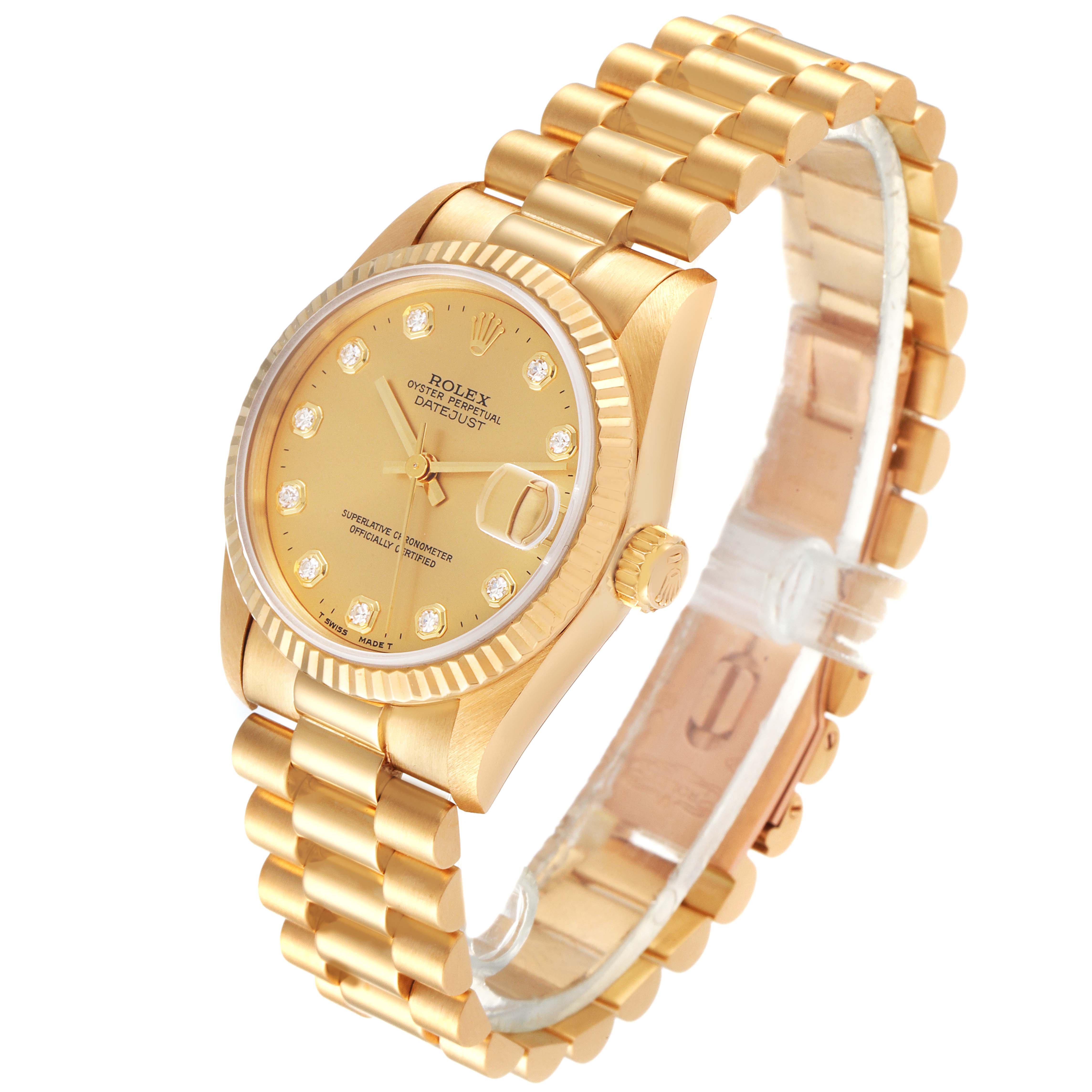 The Rolex President 68278 Women's Yellow Gold Champagne Dial 68278 Women's Yellow Gold Champagne Dial model watch is shown at an angle highlighting its gold dial, fluted bezel, and President bracelet.