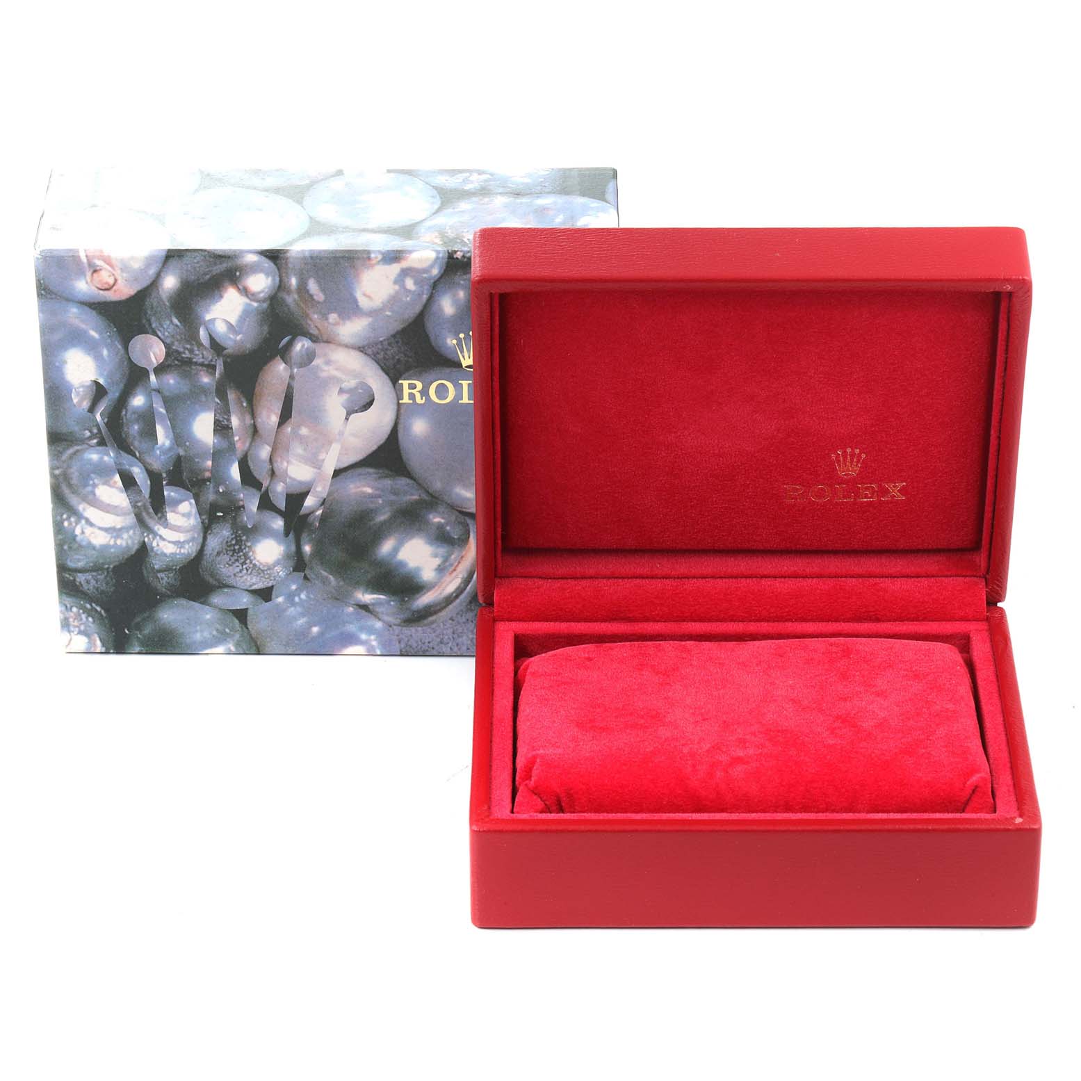 The image shows an open red box and outer box for a Rolex President 68278 Women's Yellow Gold Champagne Dial 68278 Women's Yellow Gold Champagne Dial model watch, revealing the interior.