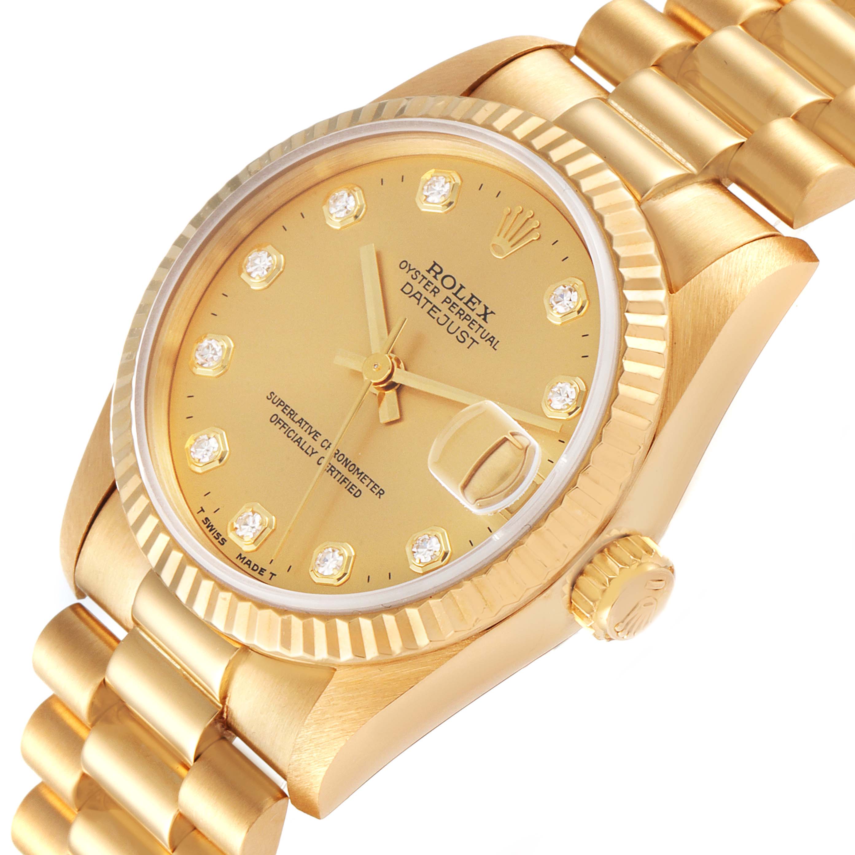 This image shows a close-up angled view of a Rolex President 68278 Women's Yellow Gold Champagne Dial 68278 Women's Yellow Gold Champagne Dial model watch, highlighting its gold dial, fluted bezel, and bracelet.