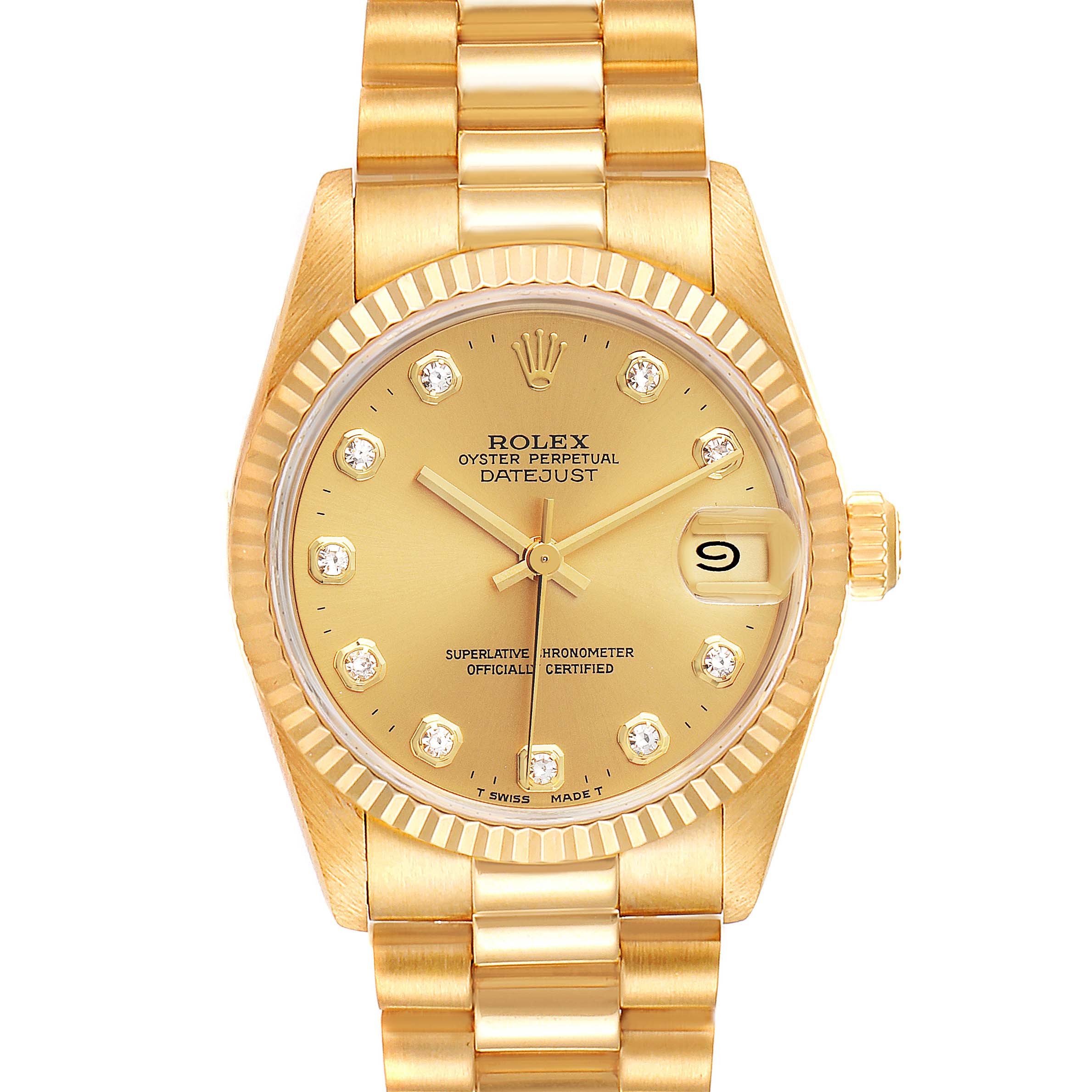 The Rolex President 68278 Women's Yellow Gold Champagne Dial 68278 Women's Yellow Gold Champagne Dial model is shown from a top-down angle highlighting its gold case, diamond hour markers, fluted bezel, and date display.