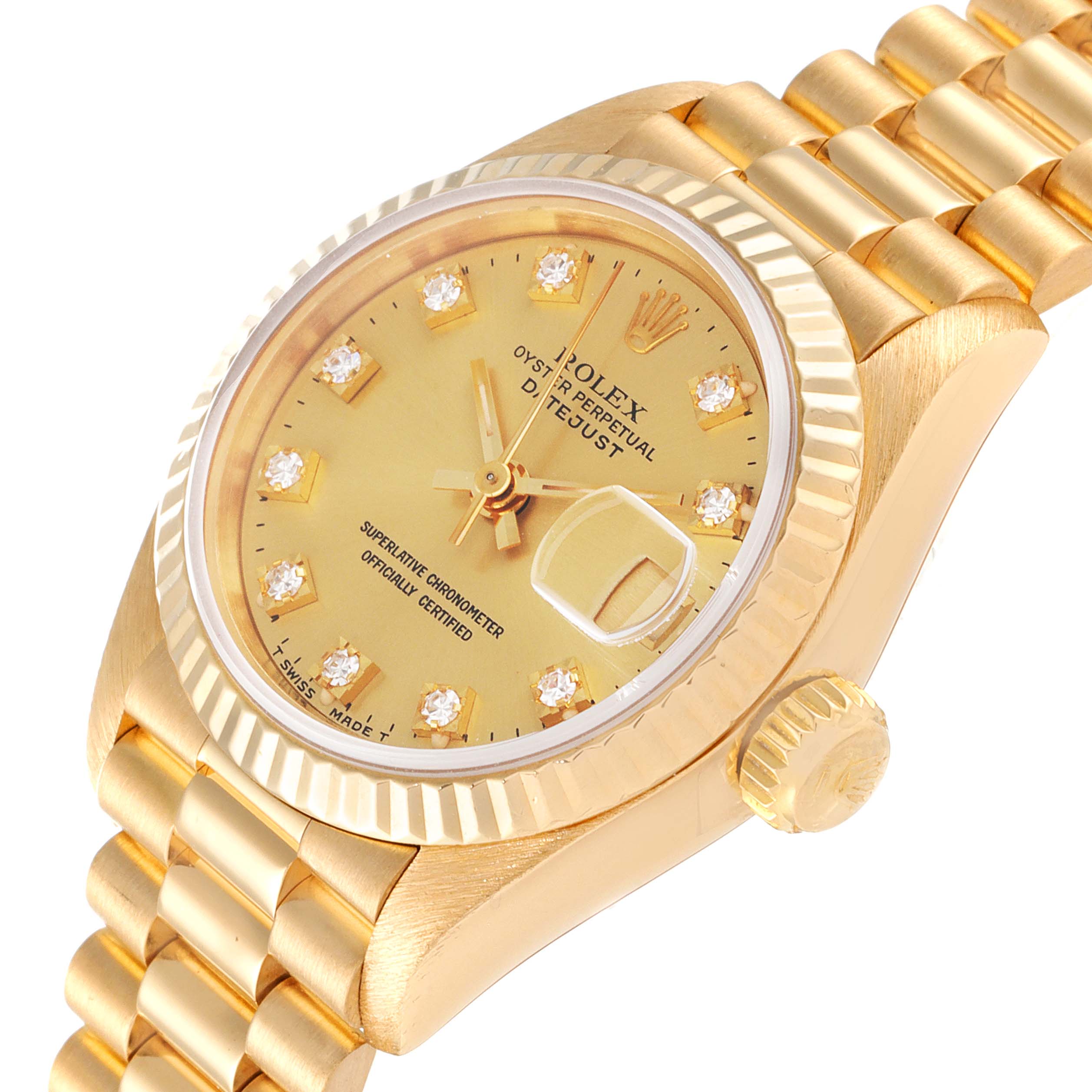 The image shows a close-up of the dial, bezel, and crown of the Rolex President 69178 Women
s Yellow Gold Champagne Dial 69178 Women
s Yellow Gold Champagne Dial model watch.