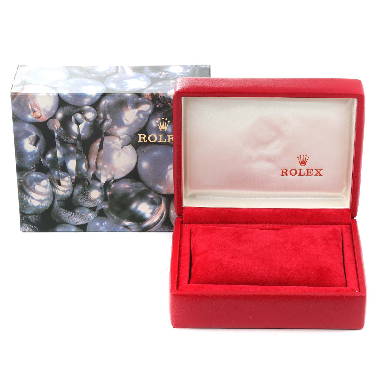 This image shows a red Rolex President 69178 Women
s Yellow Gold Champagne Dial 69178 Women
s Yellow Gold Champagne Dial watch box with the lid open and a separate outer decorative box.