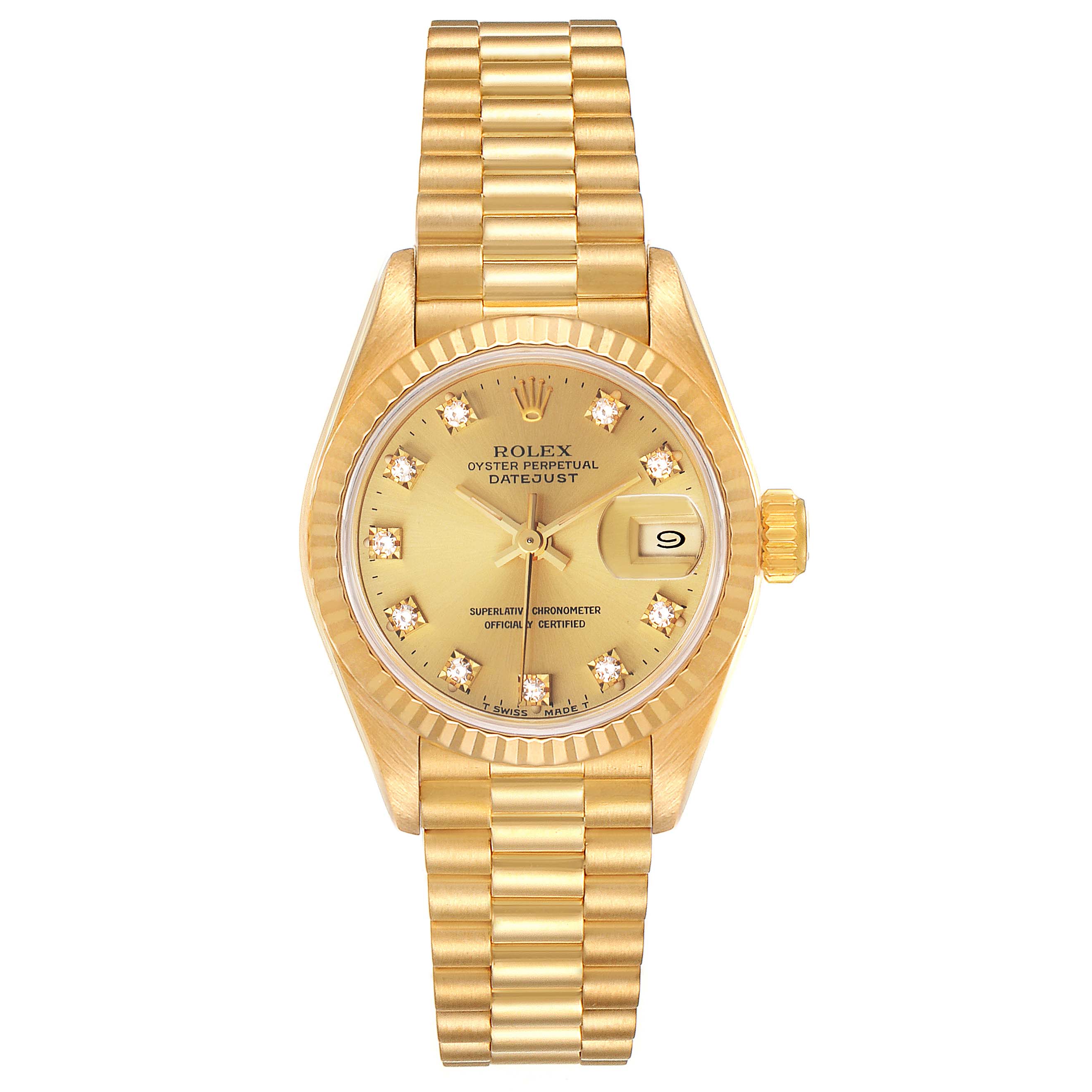 The image shows the front view of a Rolex President 69178 Women
s Yellow Gold Champagne Dial 69178 Women
s Yellow Gold Champagne Dial model watch, featuring its gold dial, fluted bezel, and bracelet.