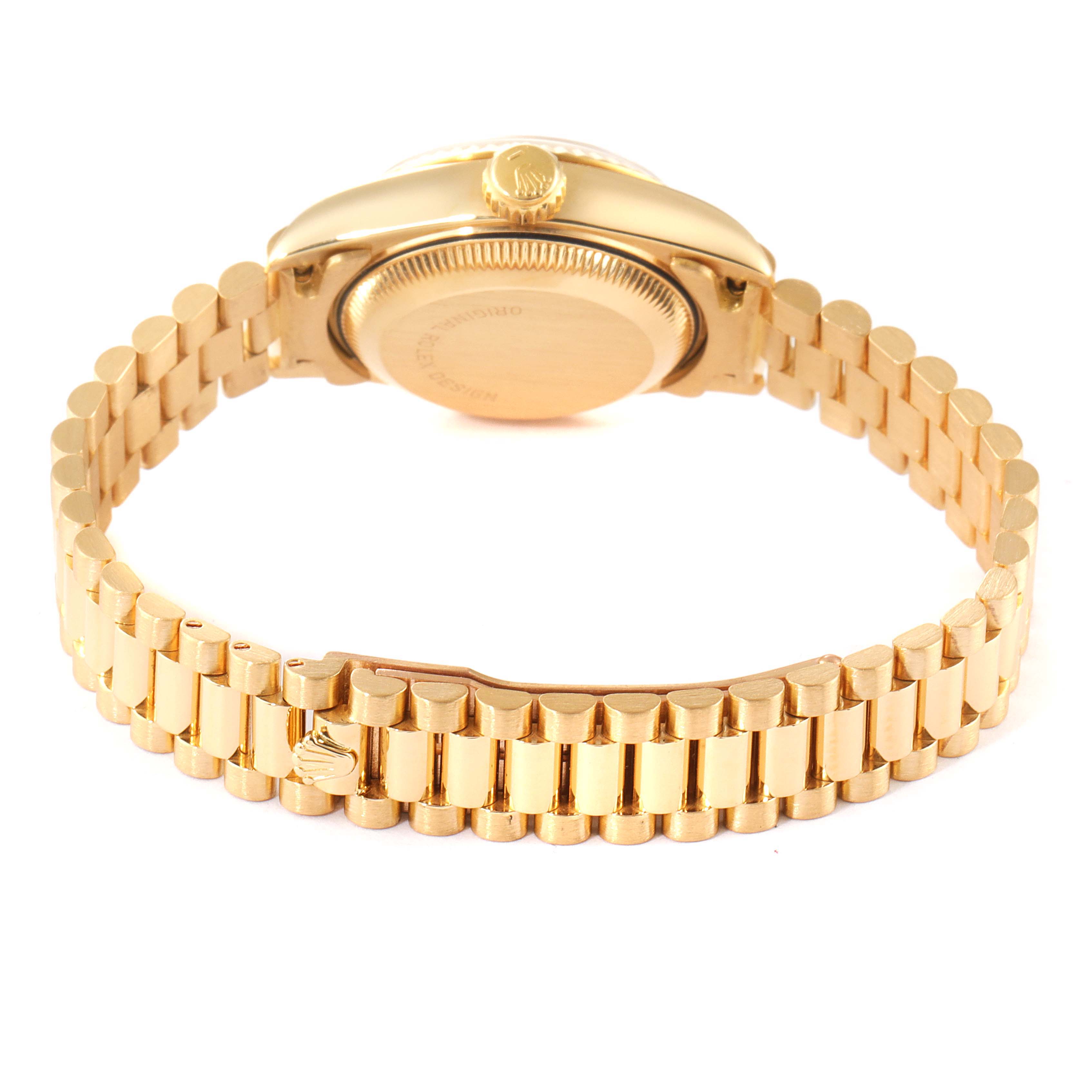 The image shows the Rolex President 69178 Women
s Yellow Gold Champagne Dial 69178 Women
s Yellow Gold Champagne Dial model watch from the back angle, highlighting its bracelet and case back.