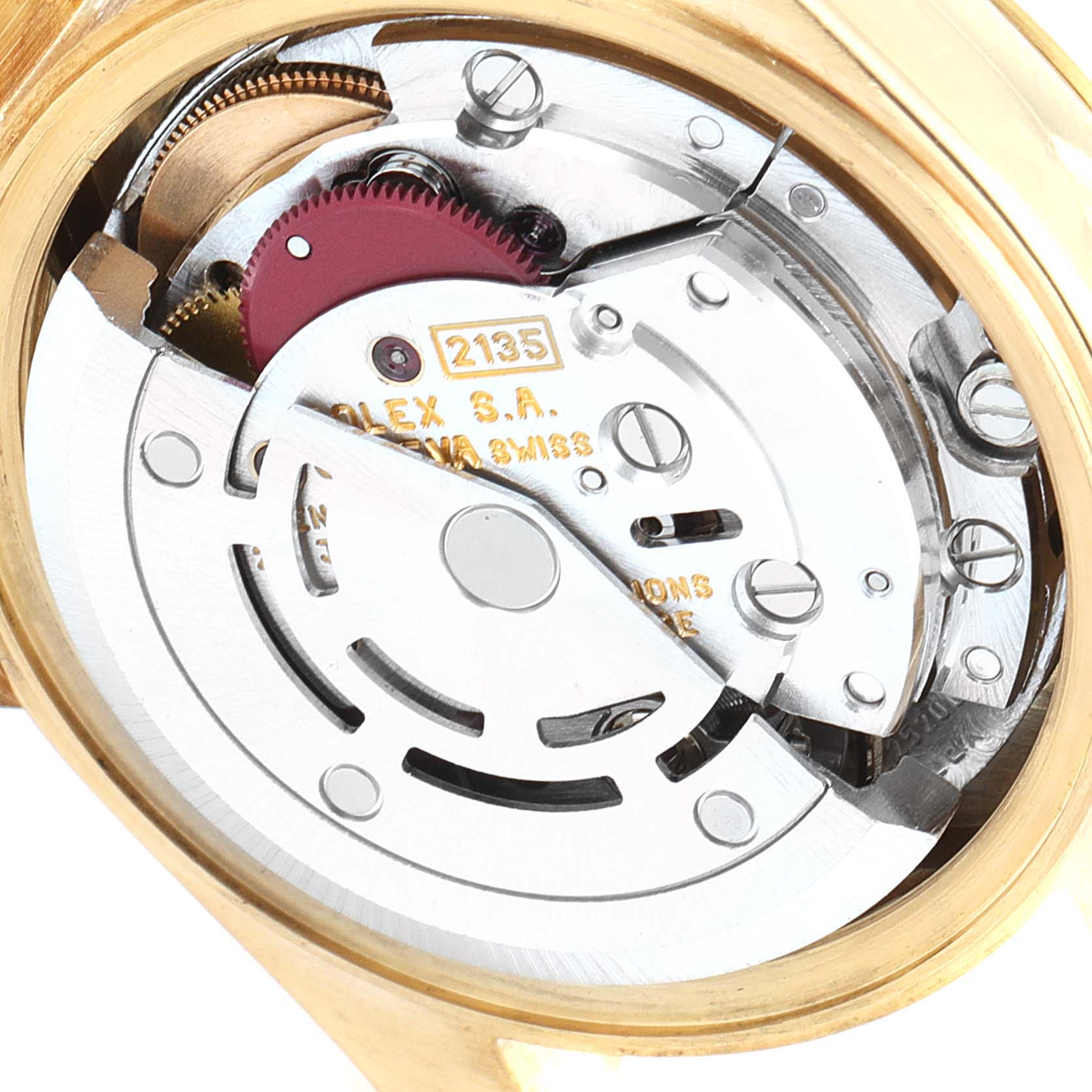 This image shows the internal movement mechanism of a Rolex President 69178 Women
s Yellow Gold Champagne Dial 69178 Women
s Yellow Gold Champagne Dial model watch viewed from the case-back angle.