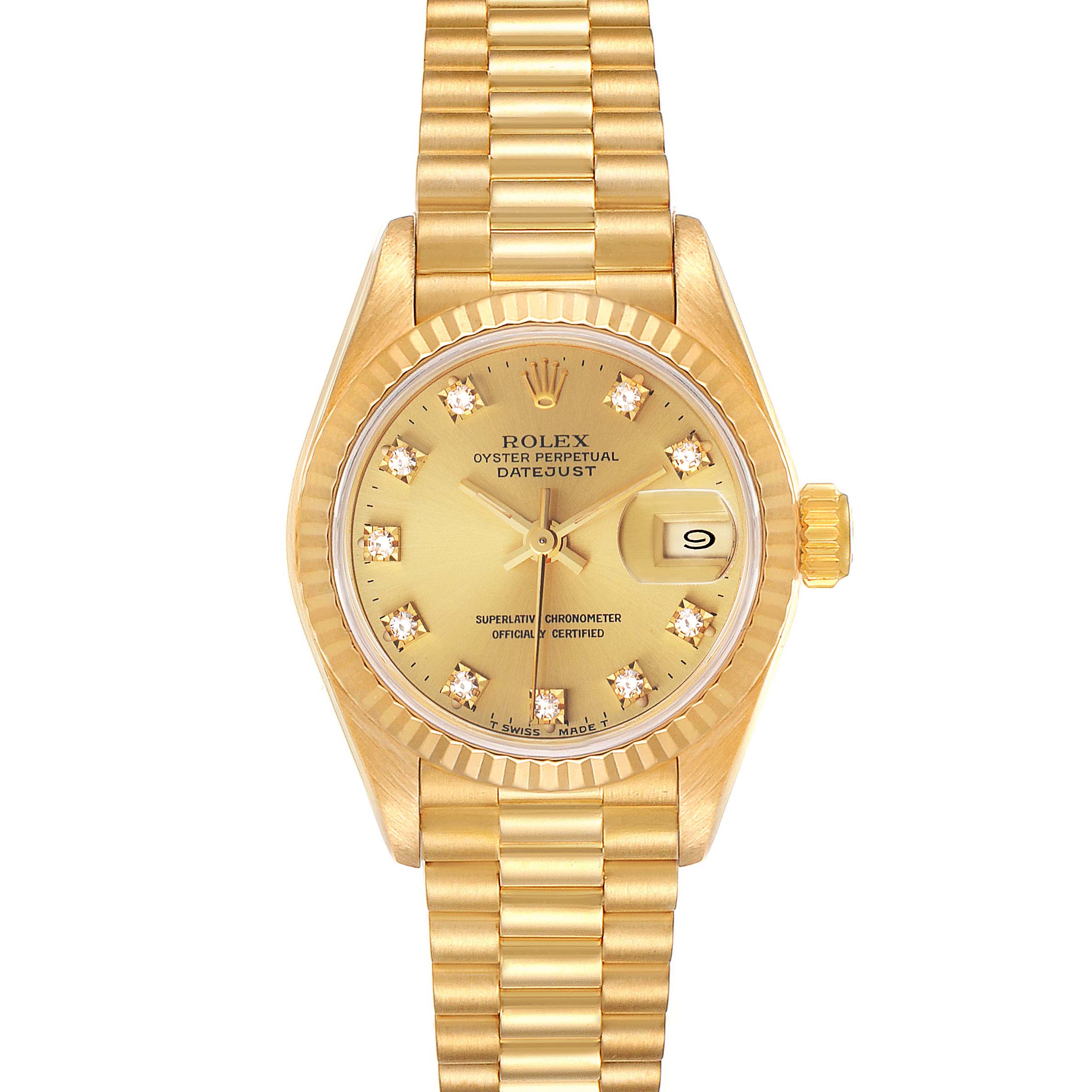 The image shows a front view of a Rolex President 69178 Women
s Yellow Gold Champagne Dial 69178 Women
s Yellow Gold Champagne Dial Datejust, displaying its golden dial, hands, date window, and bracelet.