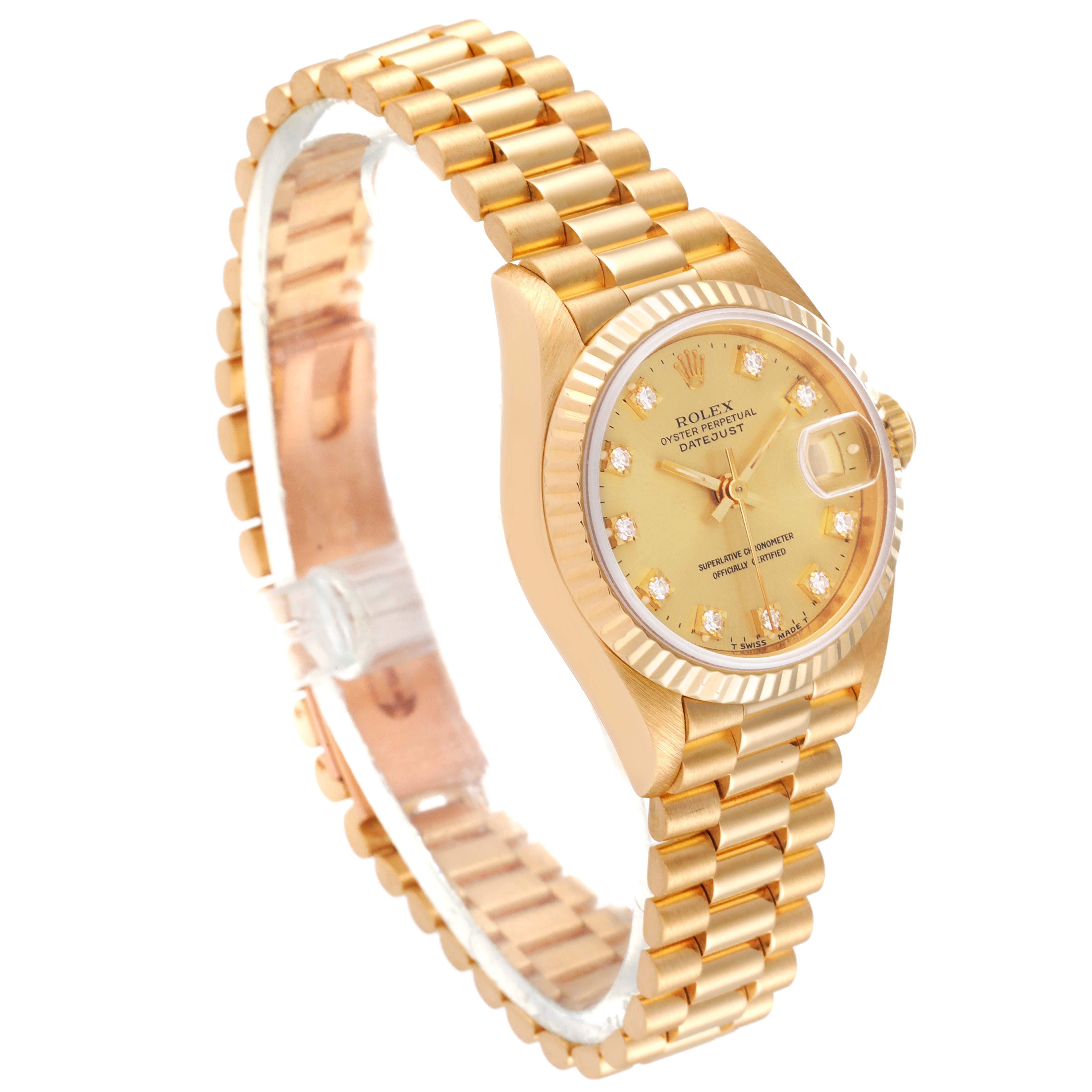 This image shows a side and front angle of a gold Rolex President 69178 Women
s Yellow Gold Champagne Dial 69178 Women
s Yellow Gold Champagne Dial watch, highlighting the dial, bezel, and bracelet.