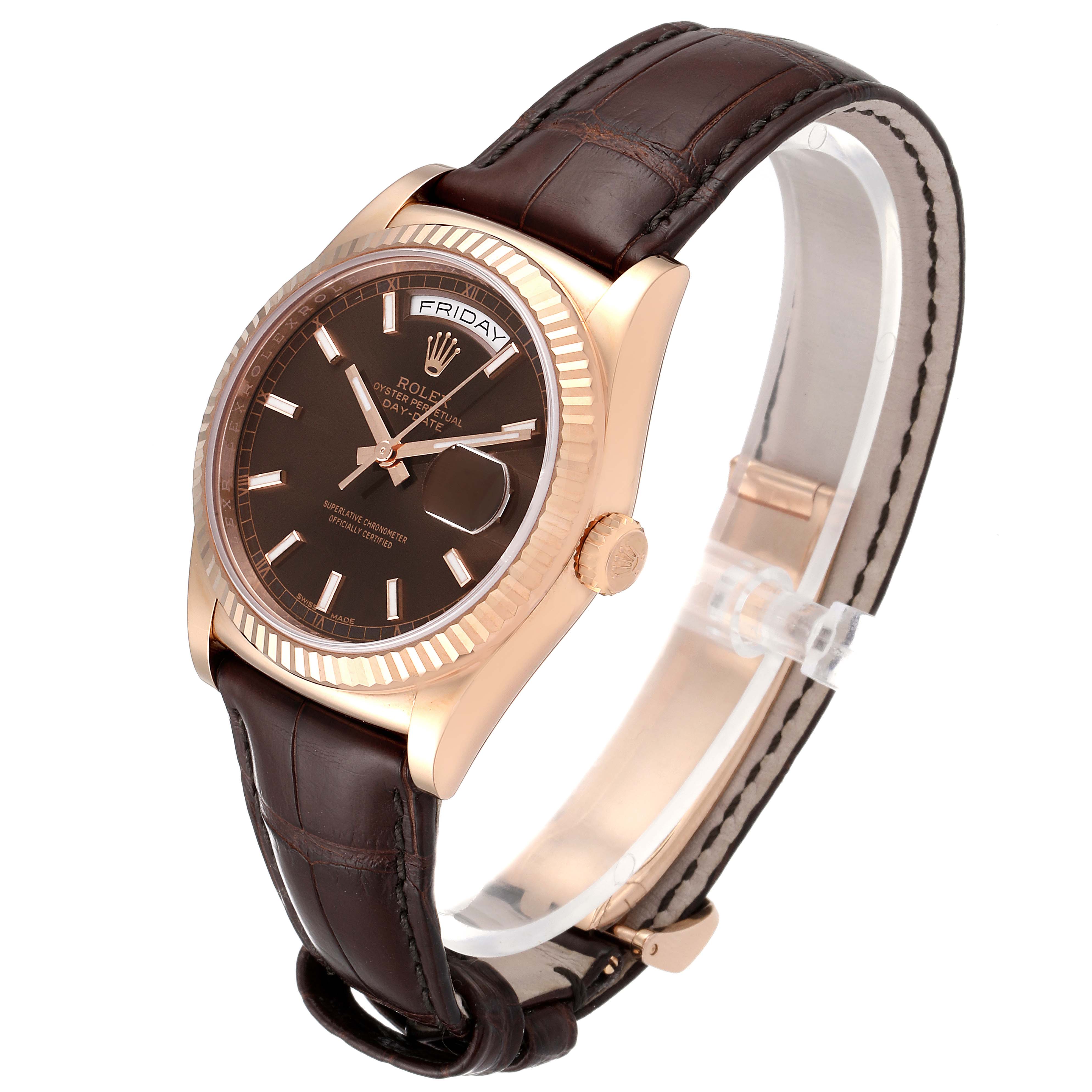 The image displays a side and top view of the Rolex President 118135 Men's Rose Gold Brown Dial 118135 Men's Rose Gold Brown Dial model watch, showing its brown leather strap, gold case, and black dial.