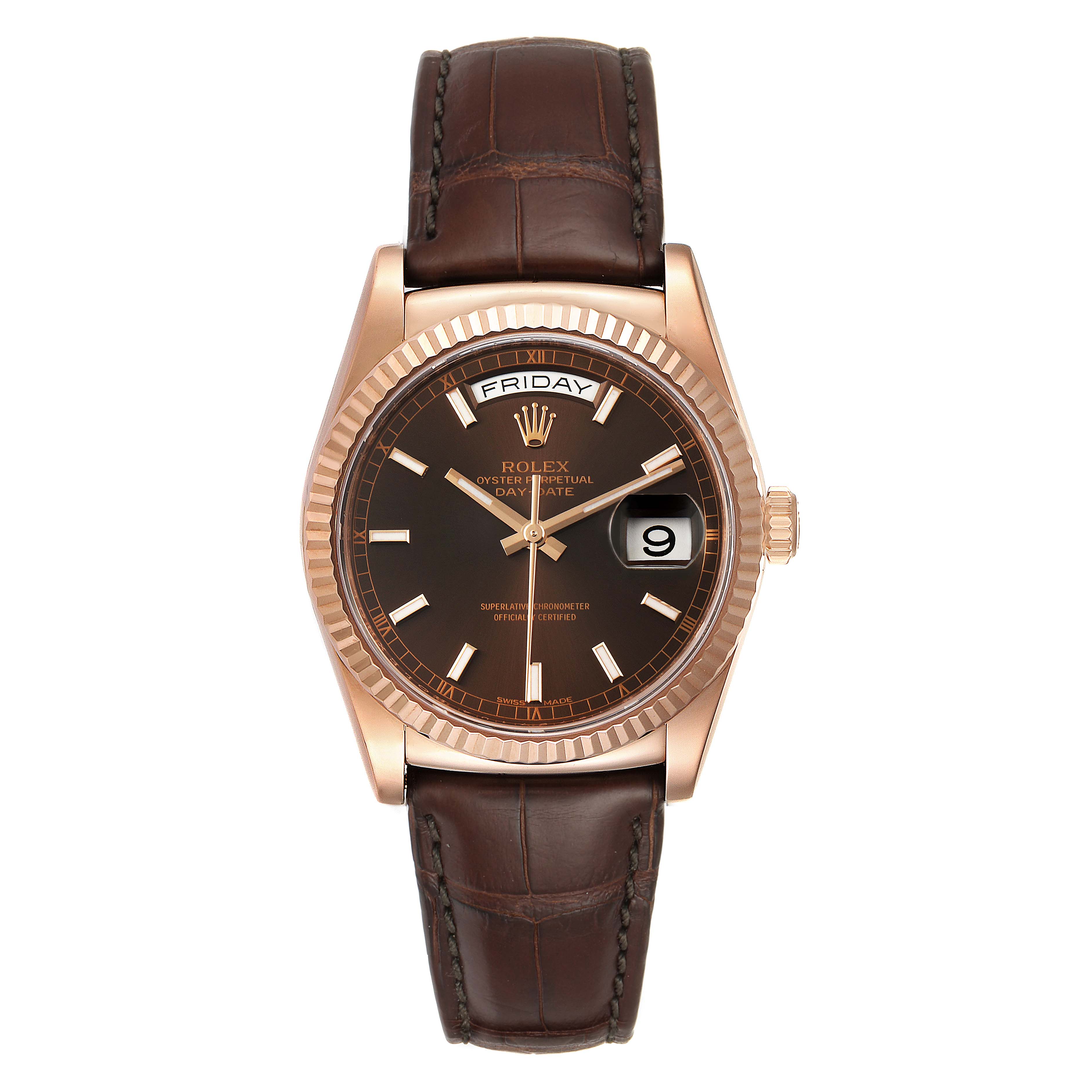 The image shows a front view of the Rolex President 118135 Men's Rose Gold Brown Dial 118135 Men's Rose Gold Brown Dial model watch, highlighting its brown dial, gold case, and leather strap.