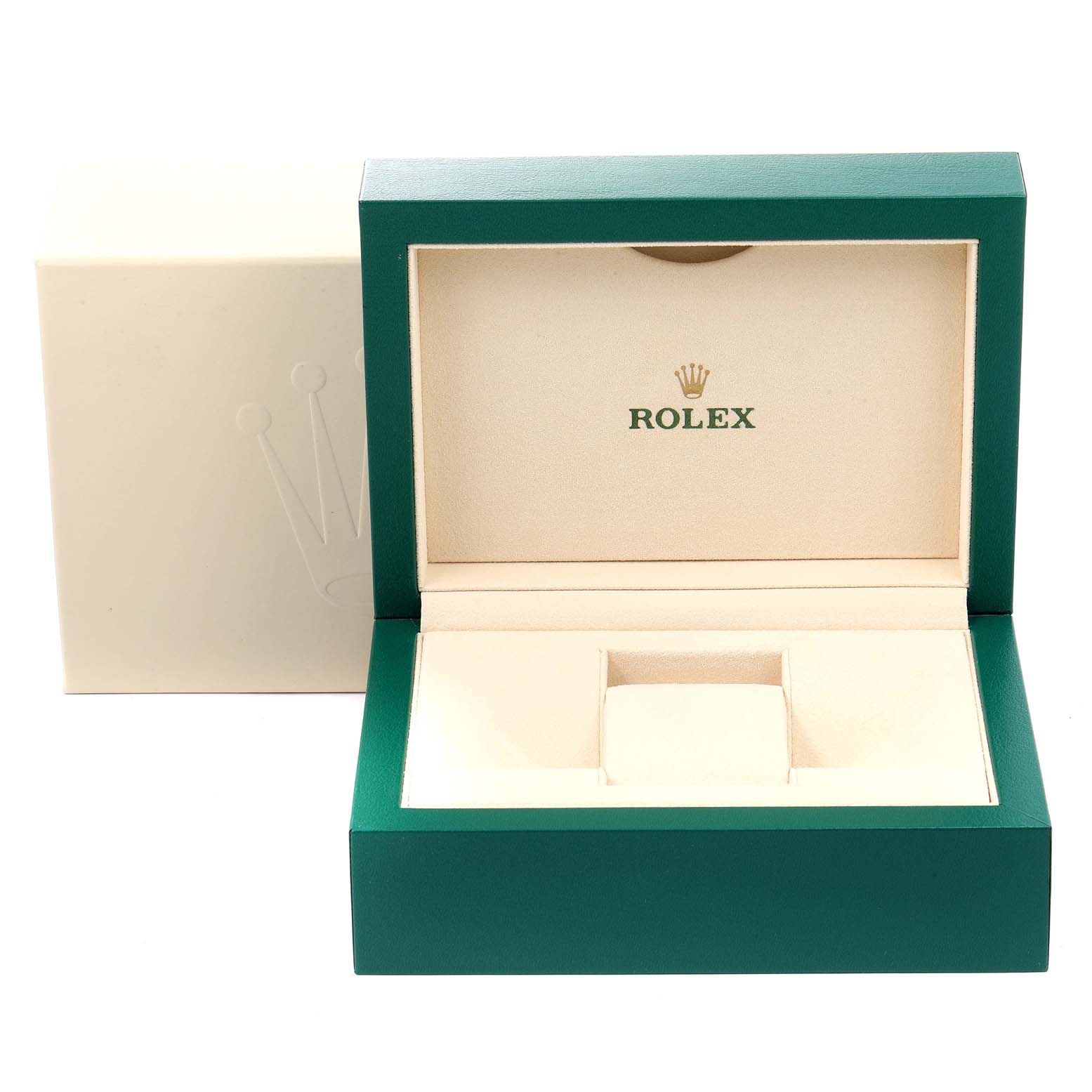 The image shows an open green and cream Rolex watch box for the President model, displaying the interior.