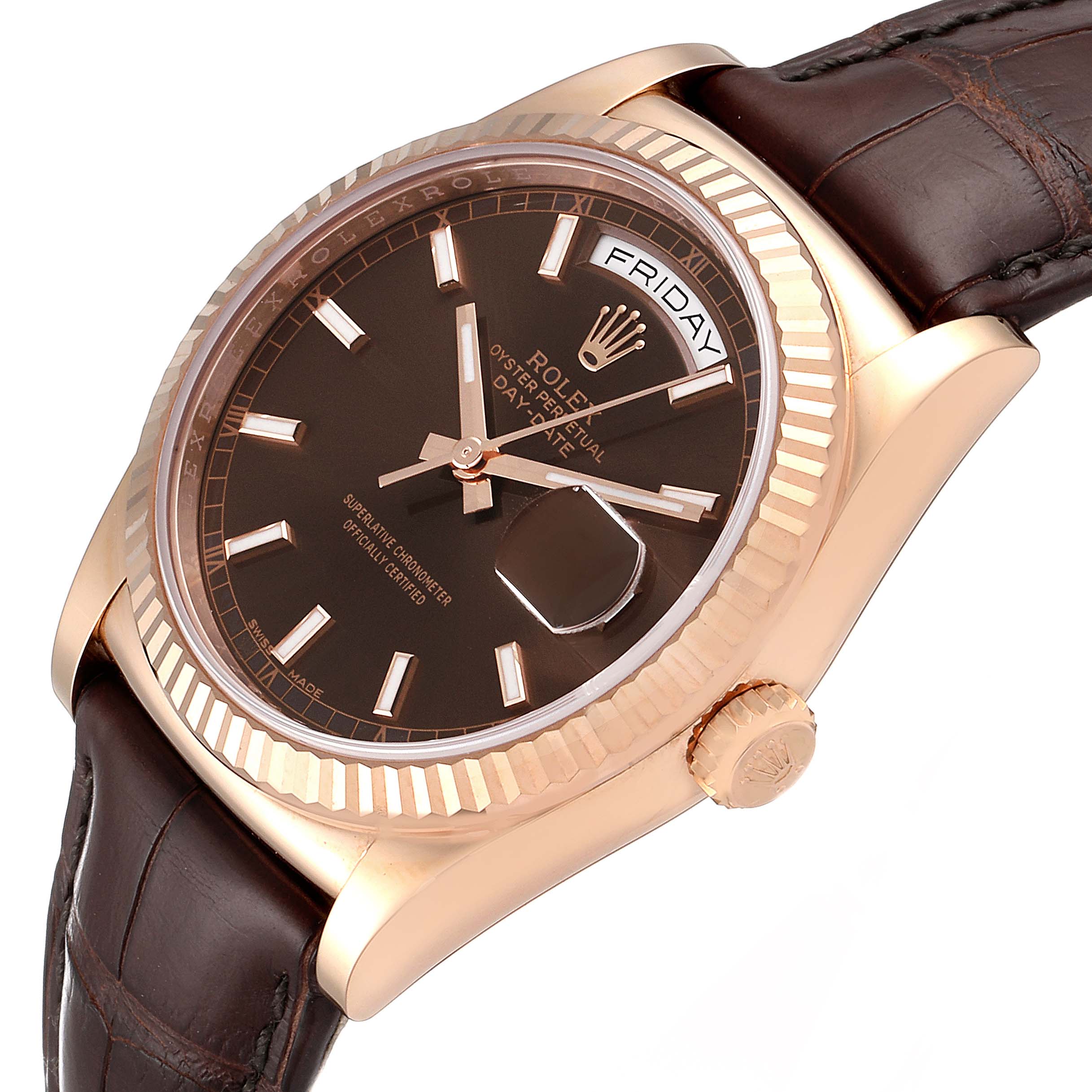 This image shows a close-up angle of the Rolex President 118135 Men's Rose Gold Brown Dial 118135 Men's Rose Gold Brown Dial model watch, highlighting the dial, case, crown, and part of the leather strap.