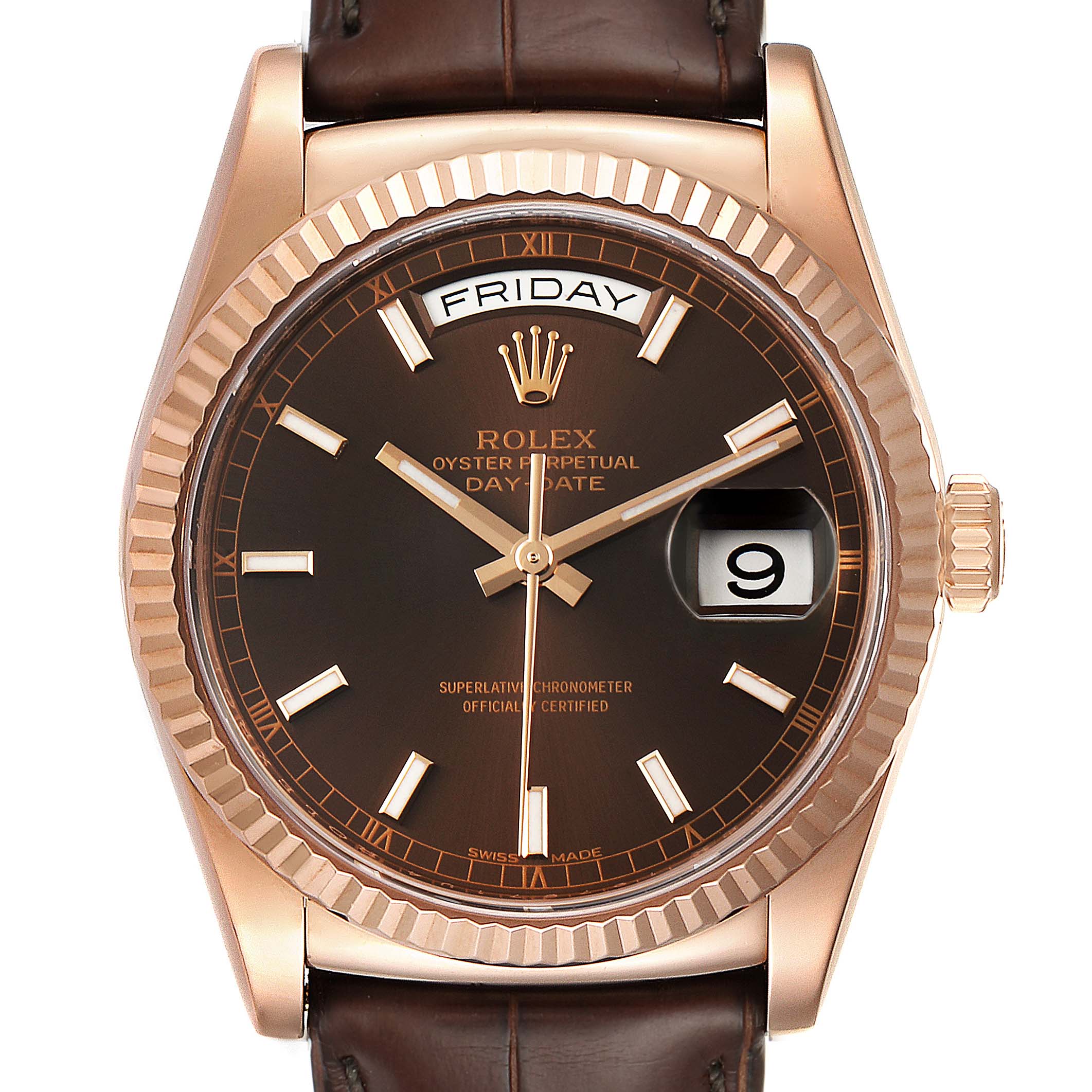 The image shows a Rolex President 118135 Men's Rose Gold Brown Dial 118135 Men's Rose Gold Brown Dial model watch from a front angle, highlighting its brown dial, date, day display, and leather strap.