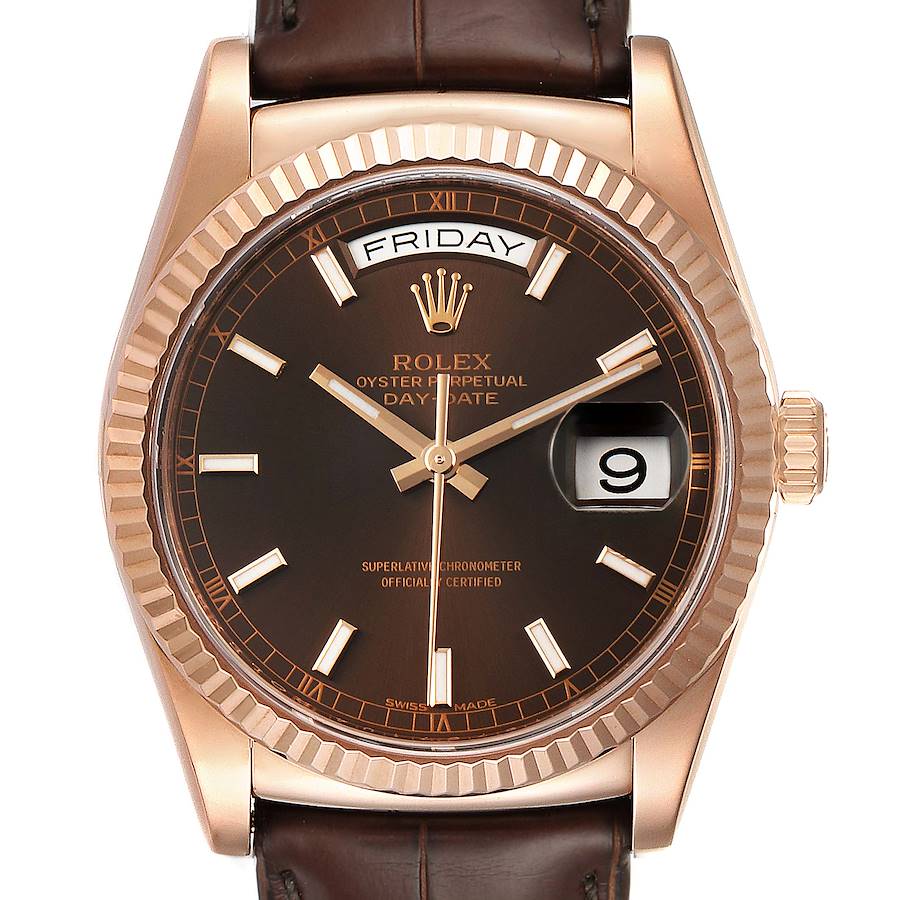 Rolex President Day-Date 18k Everose Gold Chocolate Mens Watch 118135 SwissWatchExpo