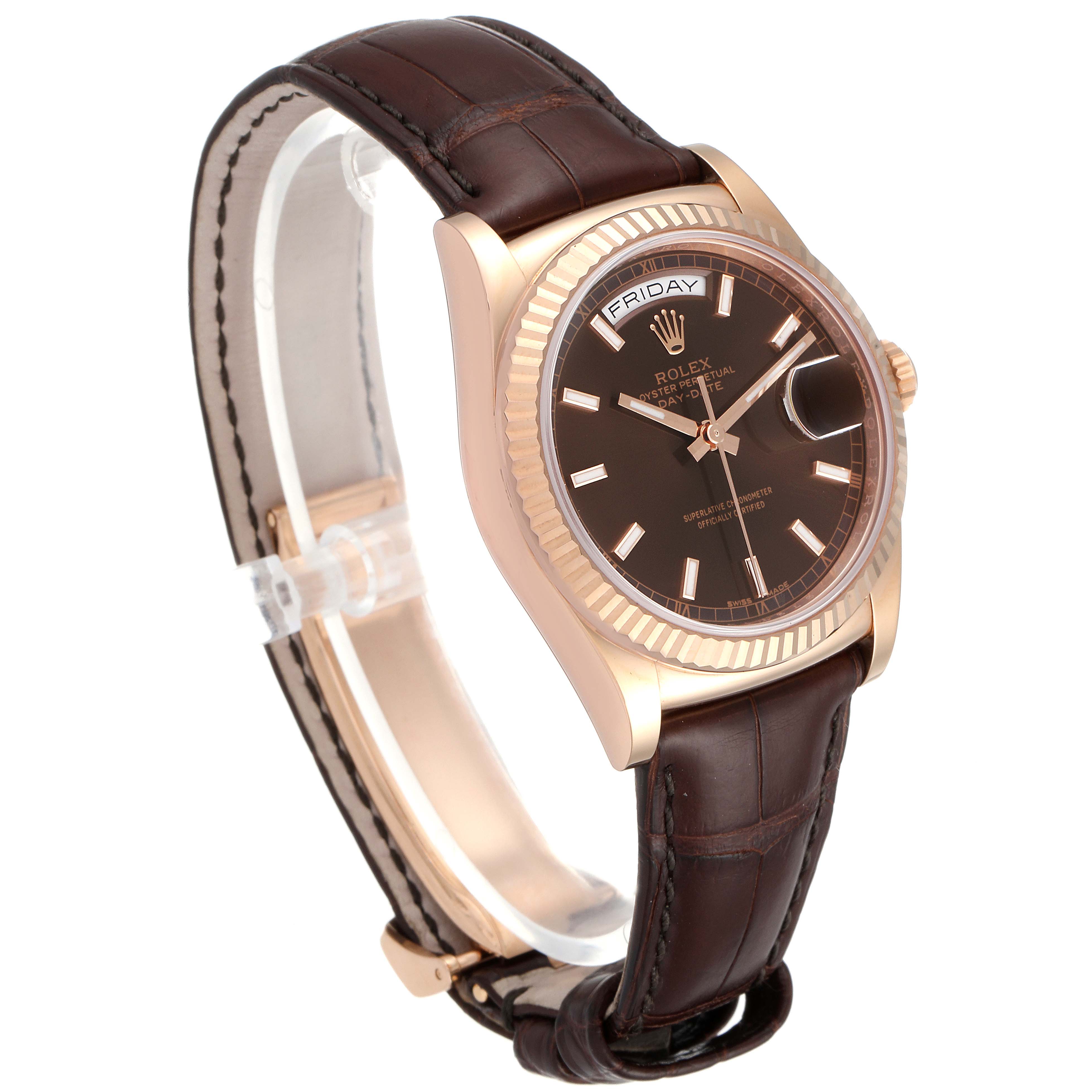 The President model by Rolex is shown at a side angle, highlighting the watch face, bezel, crown, and leather strap.