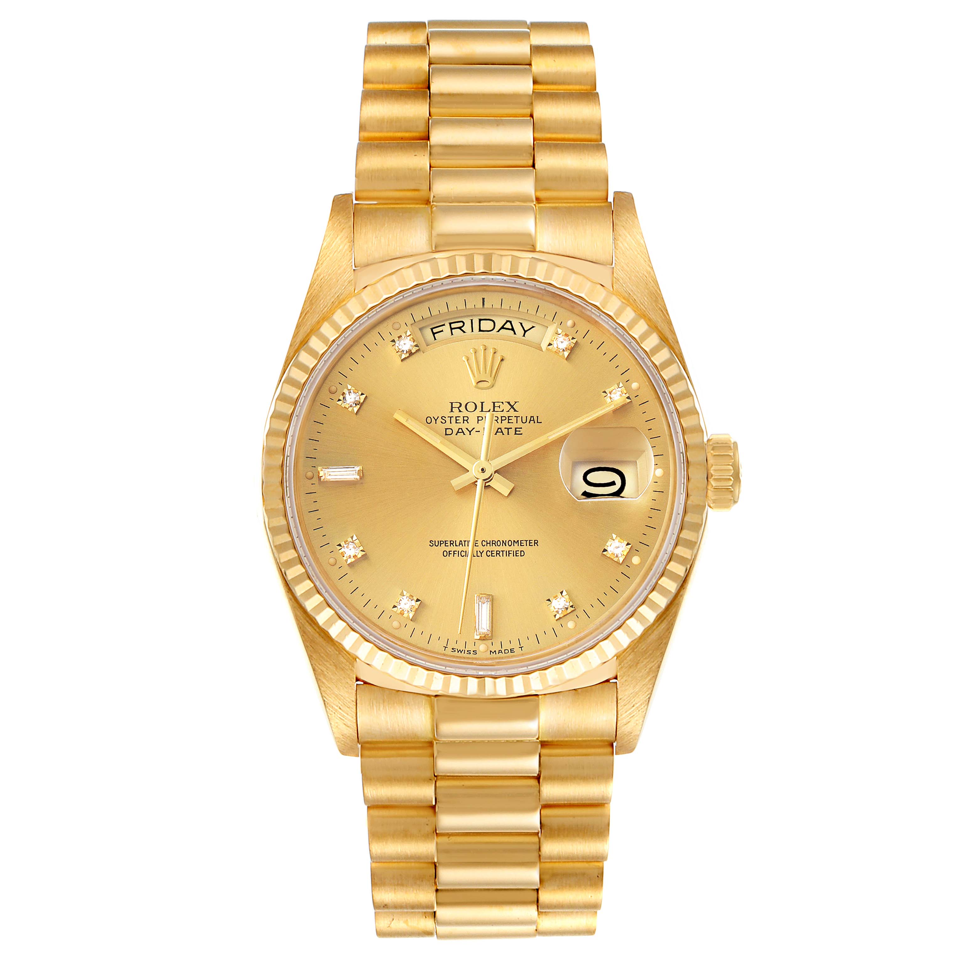 The image shows a front view of a Rolex President 18038 Men's Yellow Gold Champagne Dial 18038 Men's Yellow Gold Champagne Dial model watch, displaying its gold dial, day and date features, and a gold bracelet.