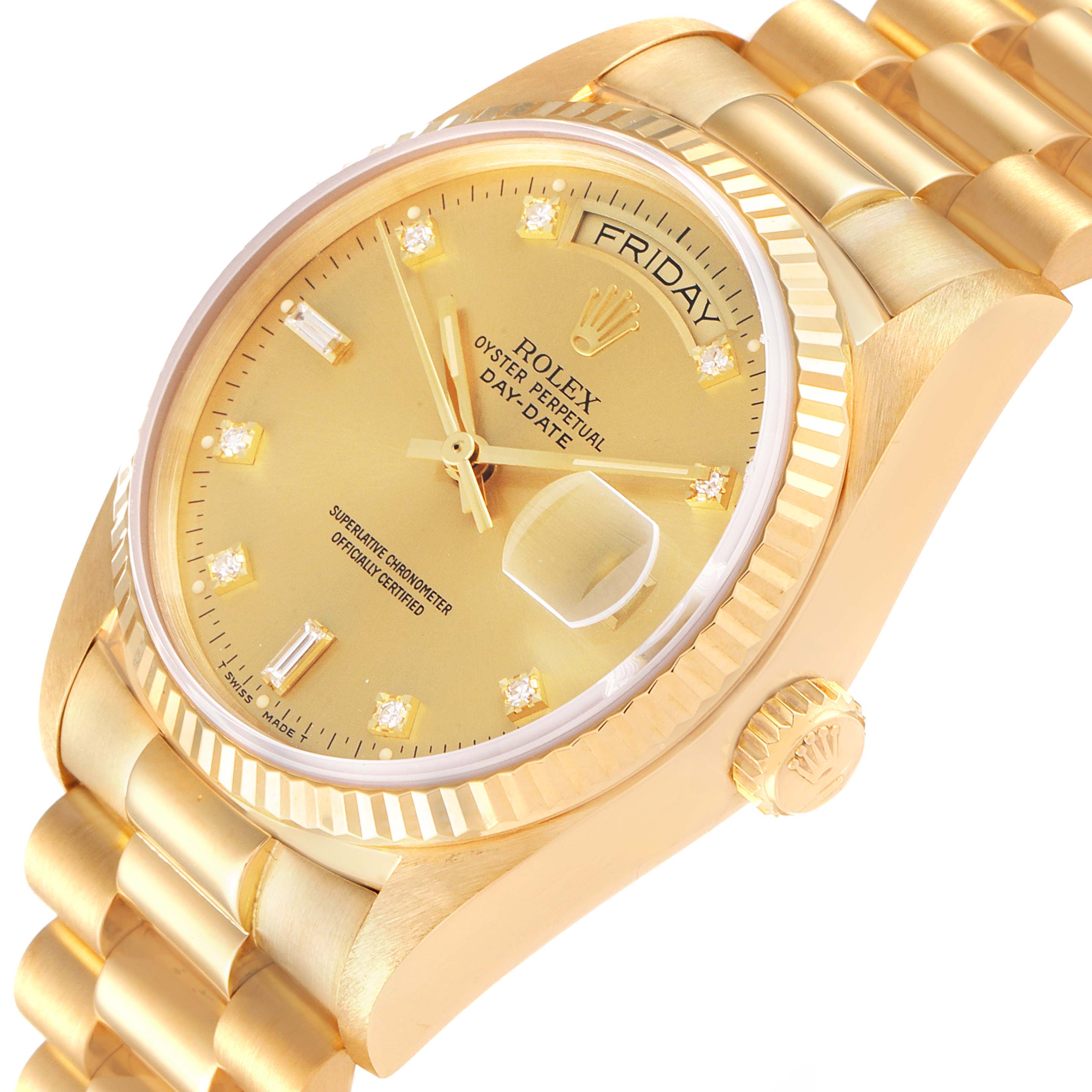 This image shows the Rolex President 18038 Men's Yellow Gold Champagne Dial 18038 Men's Yellow Gold Champagne Dial model watch at an angled side view, highlighting the dial, crown, and part of the bracelet.