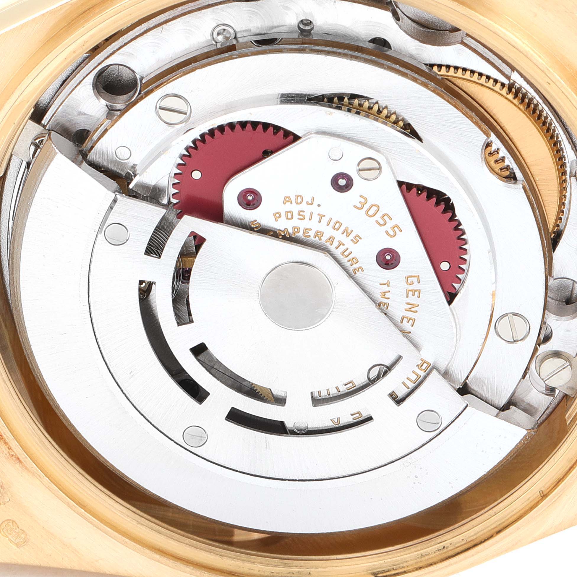 This image shows a close-up view of the movement mechanism of a Rolex President 18038 Men's Yellow Gold Champagne Dial 18038 Men's Yellow Gold Champagne Dial model watch.