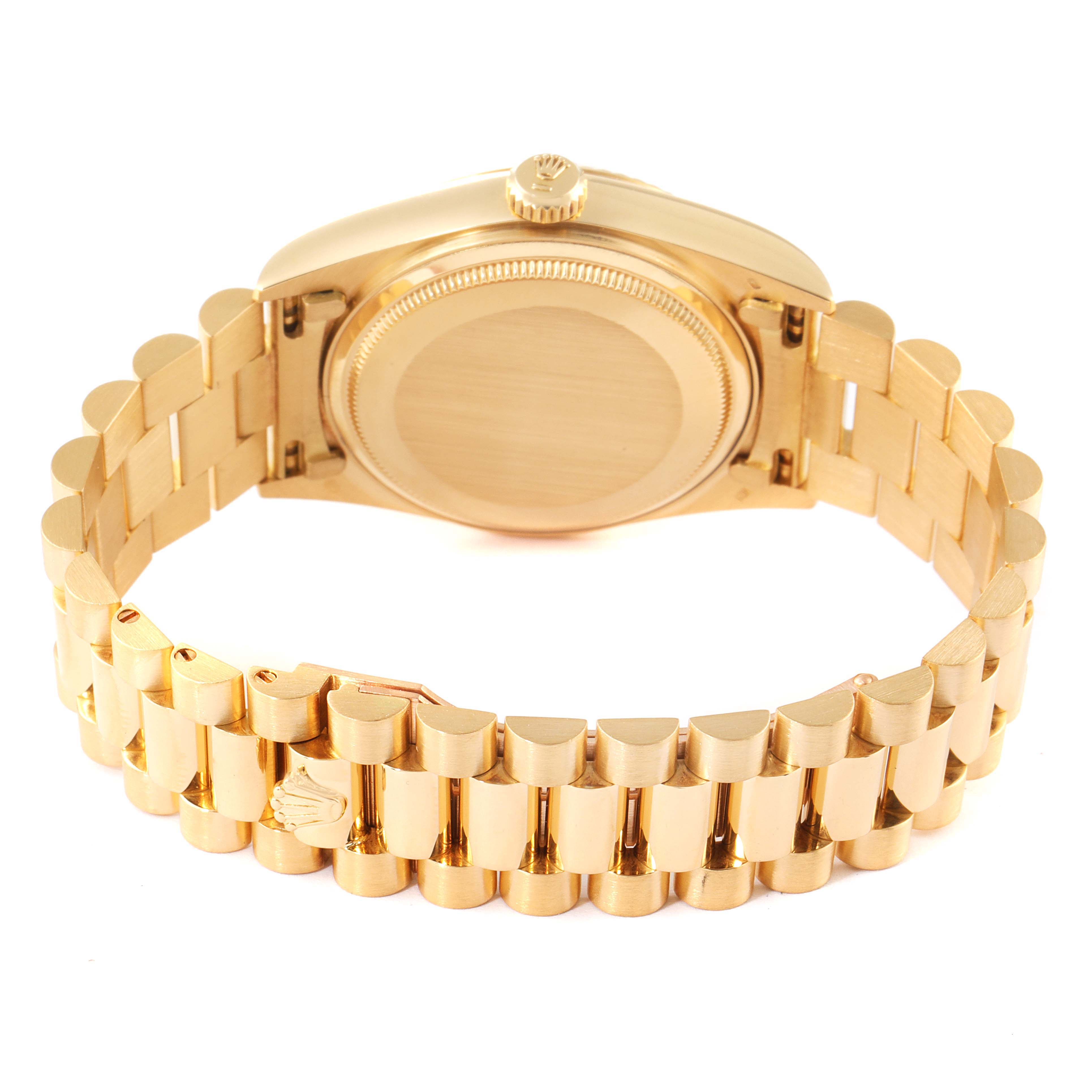 This image shows the back case and bracelet of a Rolex President 18038 Men's Yellow Gold Champagne Dial 18038 Men's Yellow Gold Champagne Dial model watch in a gold finish.