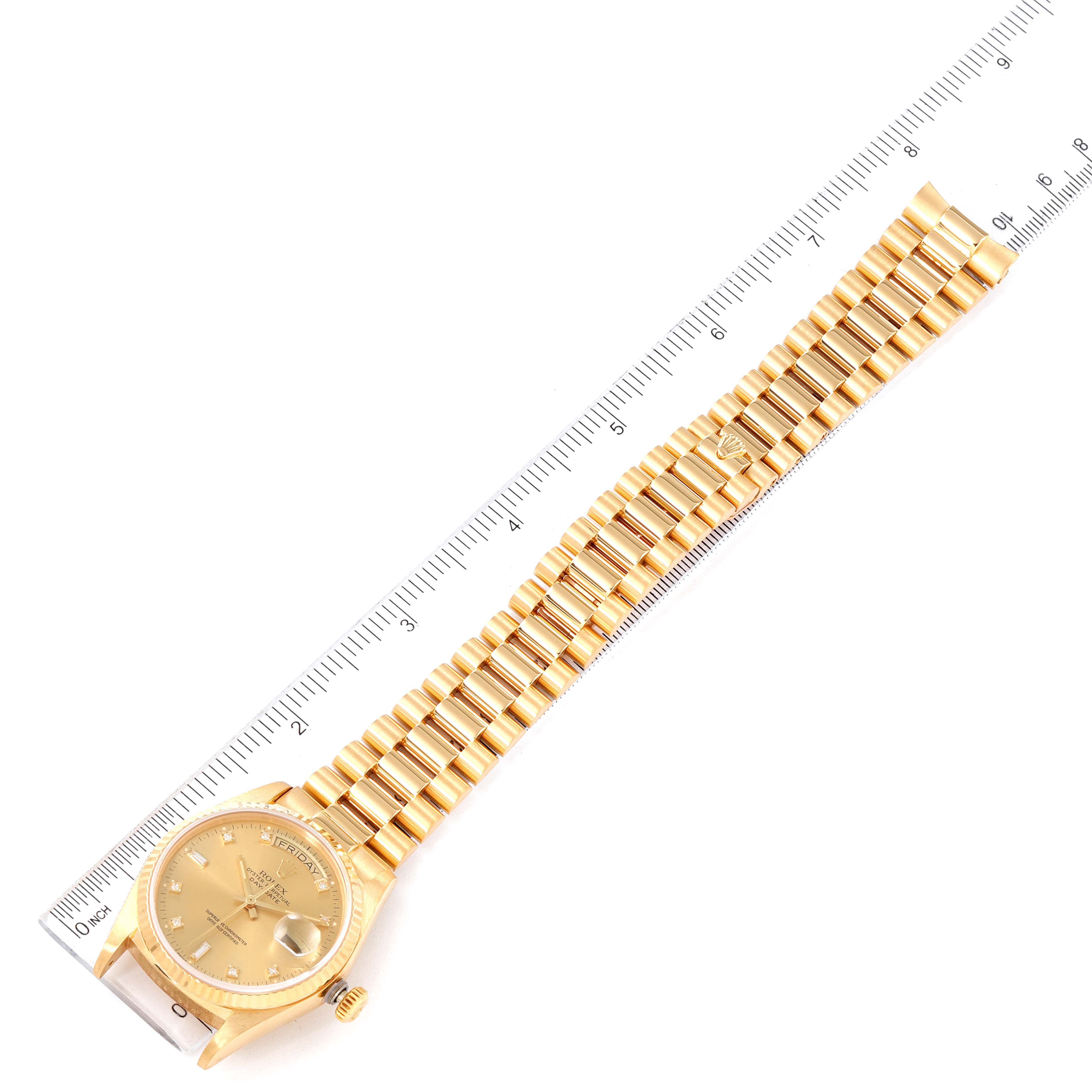 The image shows a top-down view of a Rolex President 18038 Men's Yellow Gold Champagne Dial 18038 Men's Yellow Gold Champagne Dial model watch, displaying the watch face, bracelet, and a ruler for scale.