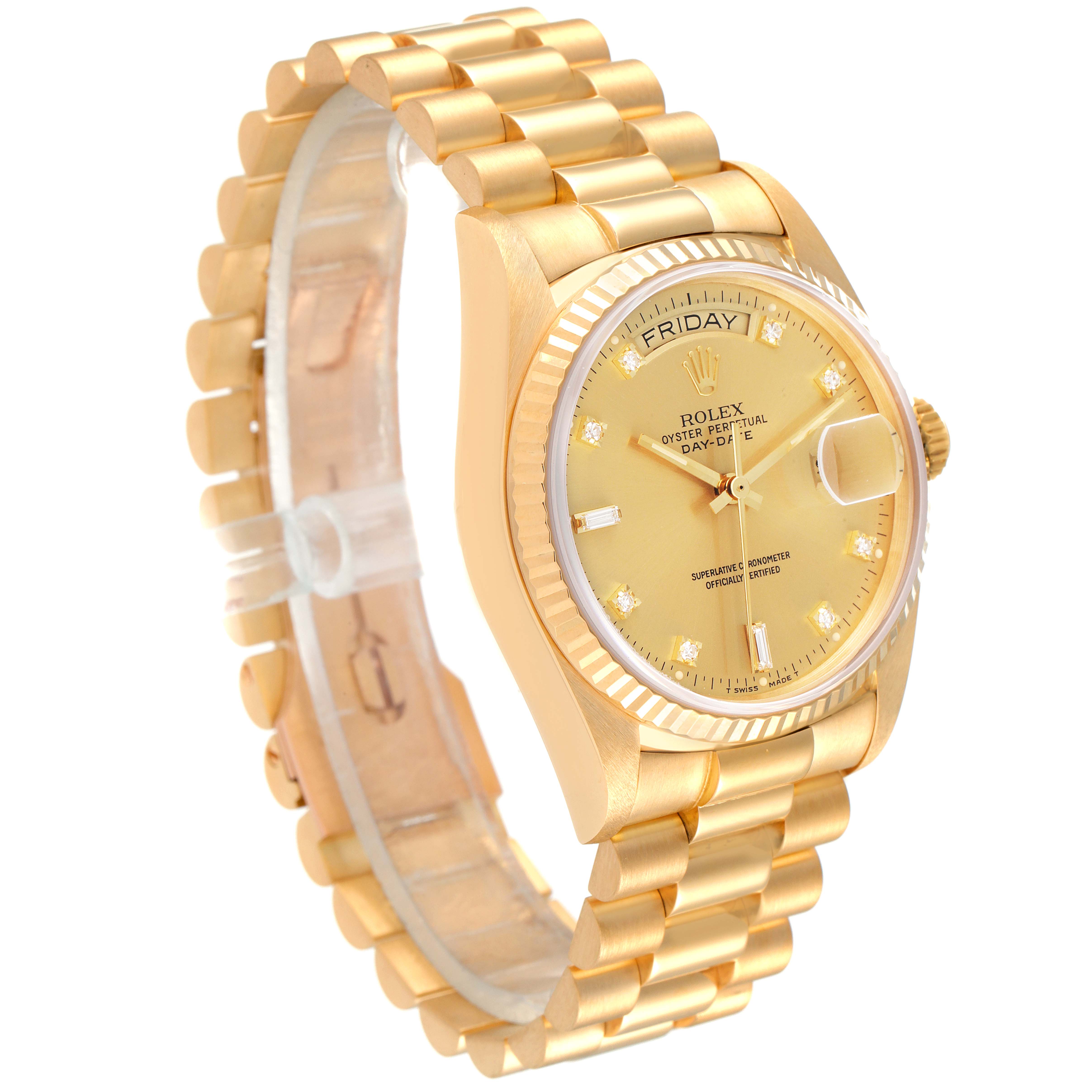 The image shows a side and front angle of a Rolex President 18038 Men's Yellow Gold Champagne Dial 18038 Men's Yellow Gold Champagne Dial watch, highlighting its gold case, dial, and bracelet.