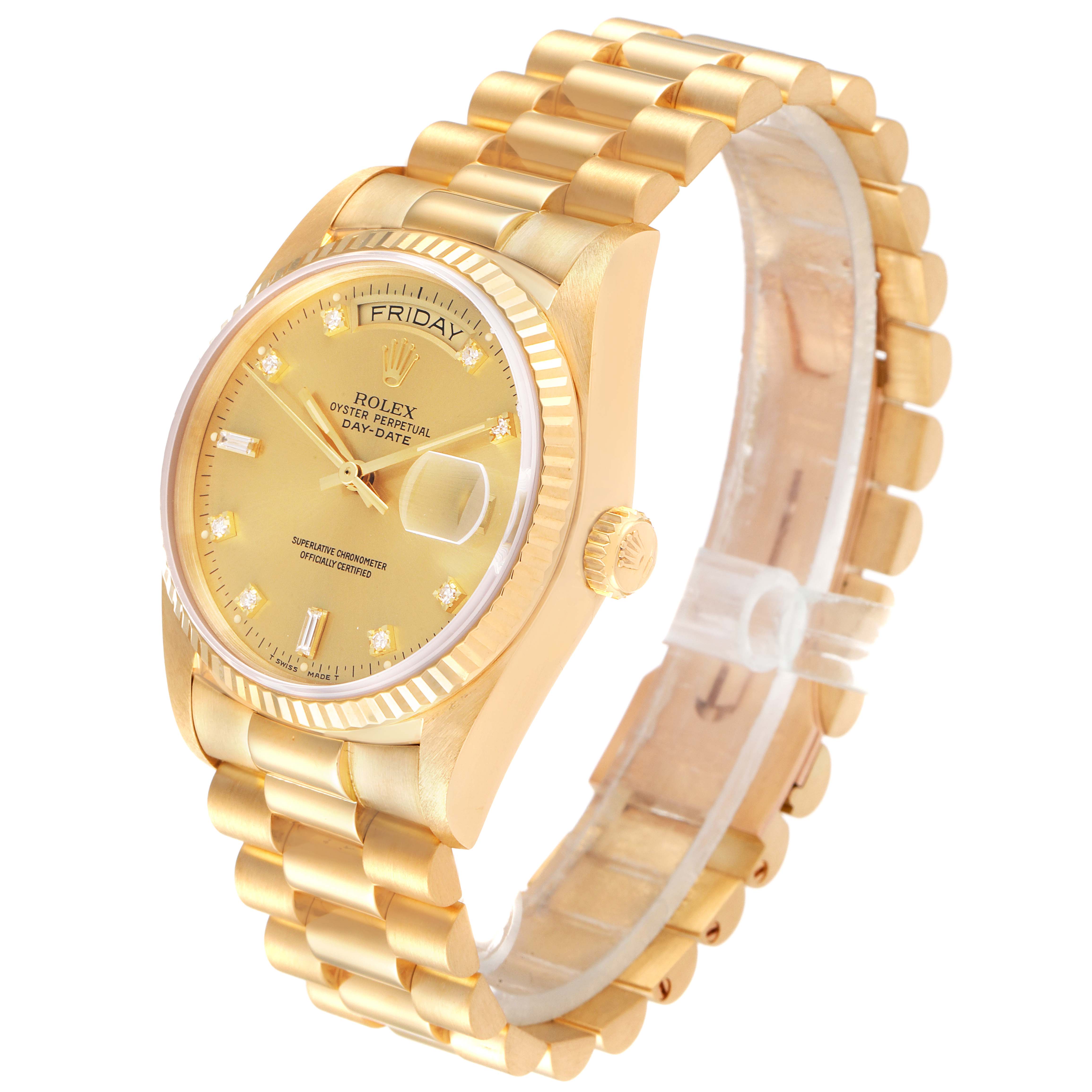 This image shows a gold Rolex President 18038 Men's Yellow Gold Champagne Dial 18038 Men's Yellow Gold Champagne Dial model watch at a three-quarter angle, highlighting the bracelet, dial, and bezel.
