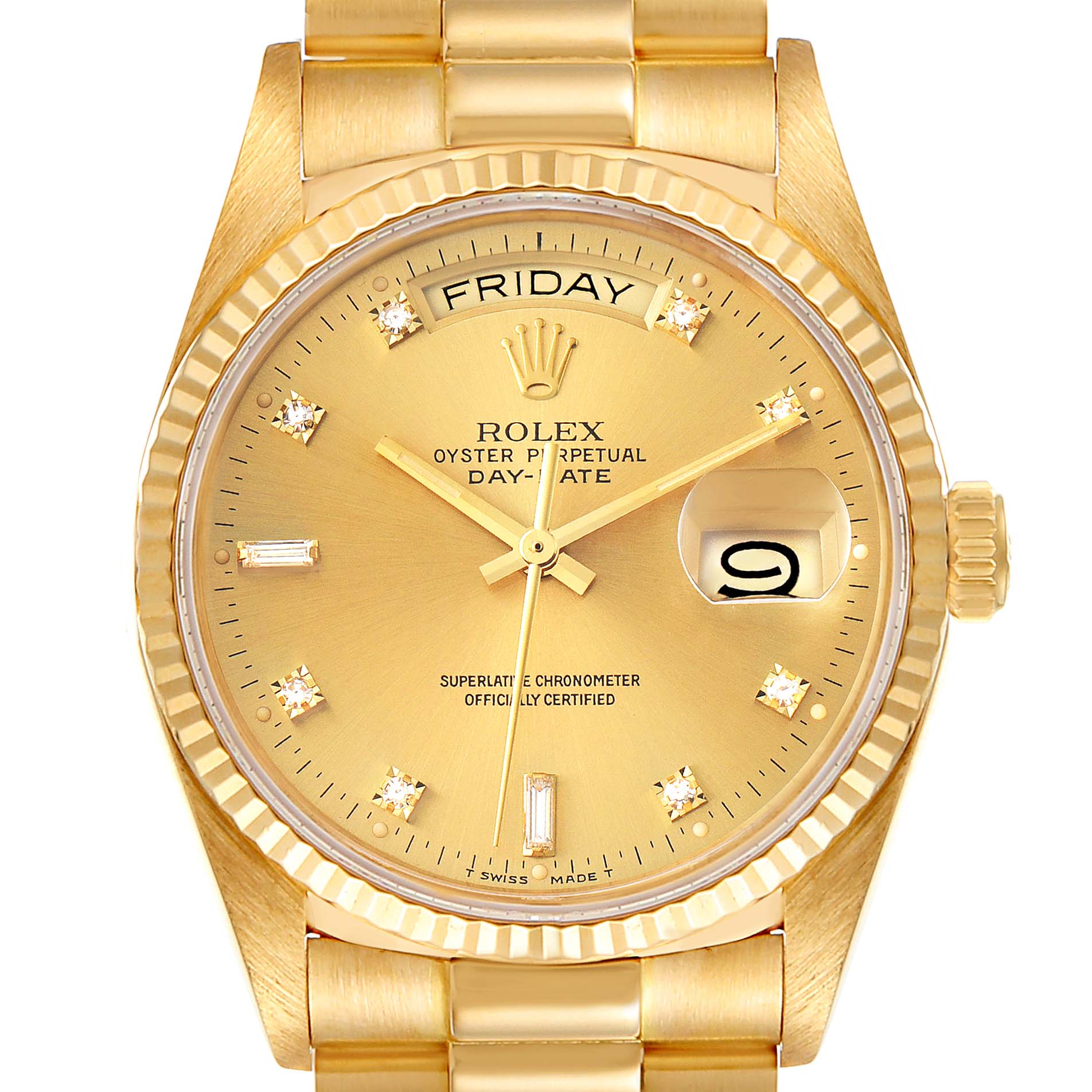 The Rolex President 18038 Men's Yellow Gold Champagne Dial 18038 Men's Yellow Gold Champagne Dial Day-Date watch is shown from a frontal angle, highlighting its gold dial, diamond hour markers, and day-date complications.