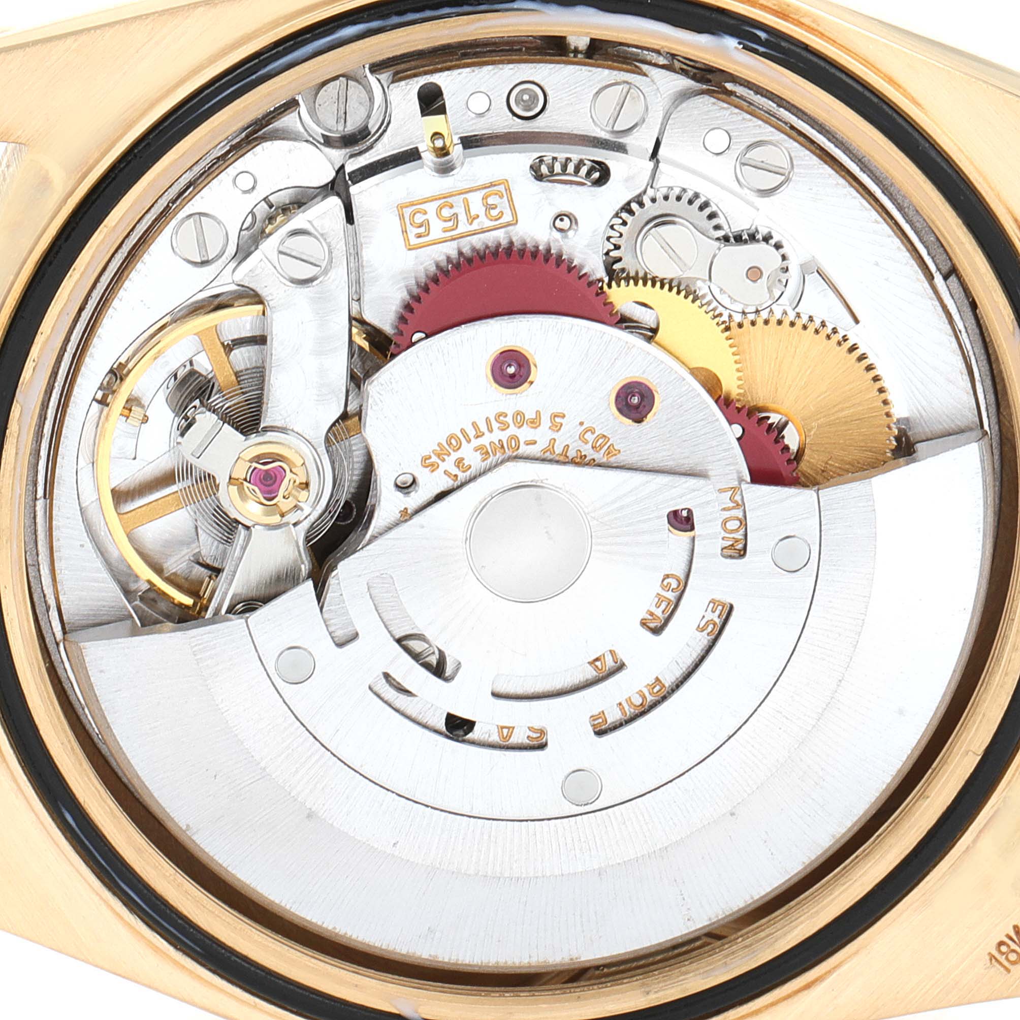 This image shows the internal mechanism of the Rolex President 18238 Men
s Yellow Gold White Dial 18238 Men
s Yellow Gold White Dial model watch from a close-up, top-down angle.