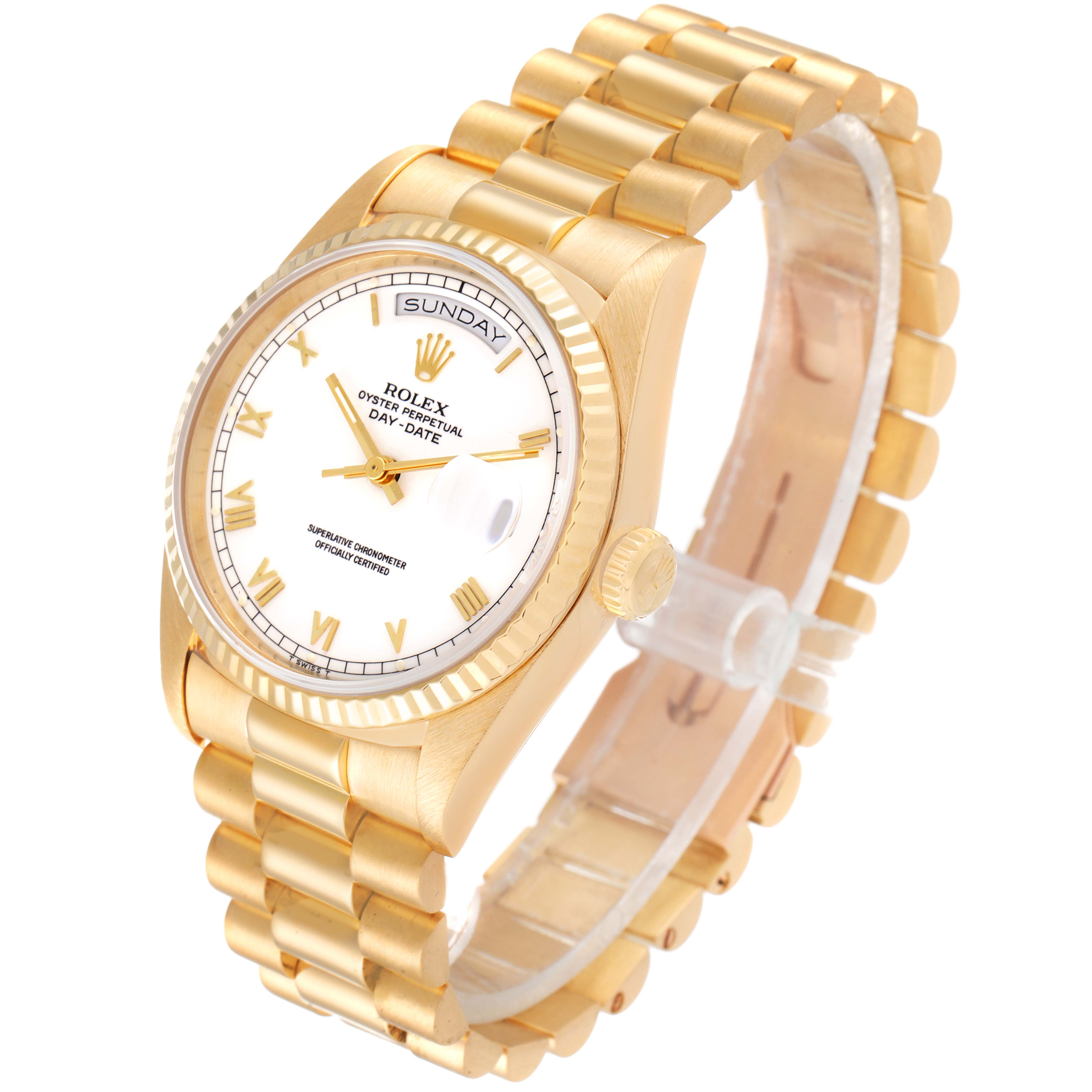 This image shows a gold Rolex President 18238 Men
s Yellow Gold White Dial 18238 Men
s Yellow Gold White Dial model watch from a three-quarter angle, highlighting the face, bezel, and bracelet.