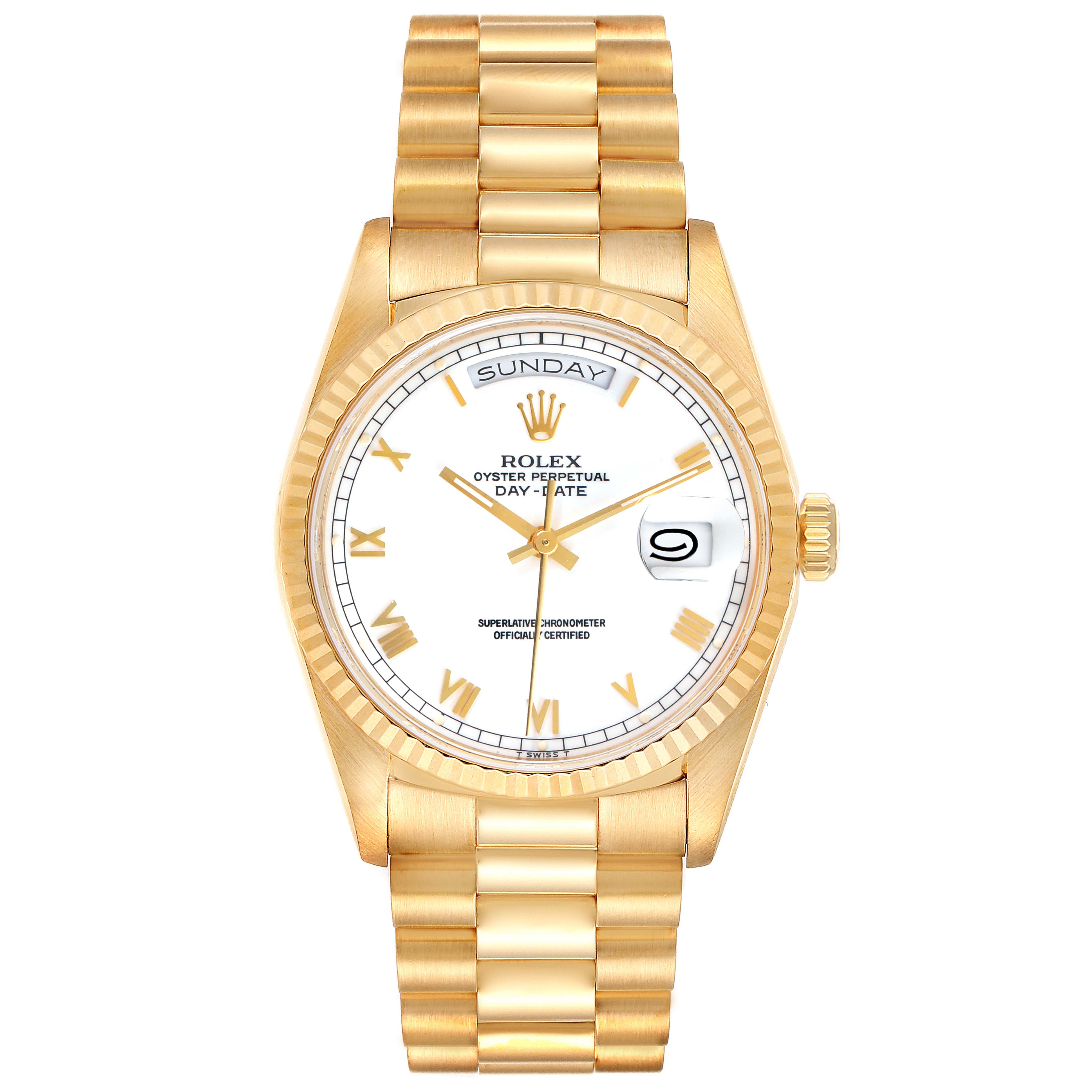 The Rolex President 18238 Men
s Yellow Gold White Dial 18238 Men
s Yellow Gold White Dial model watch is shown from a front angle, displaying its gold bracelet, white dial, day and date functions.
