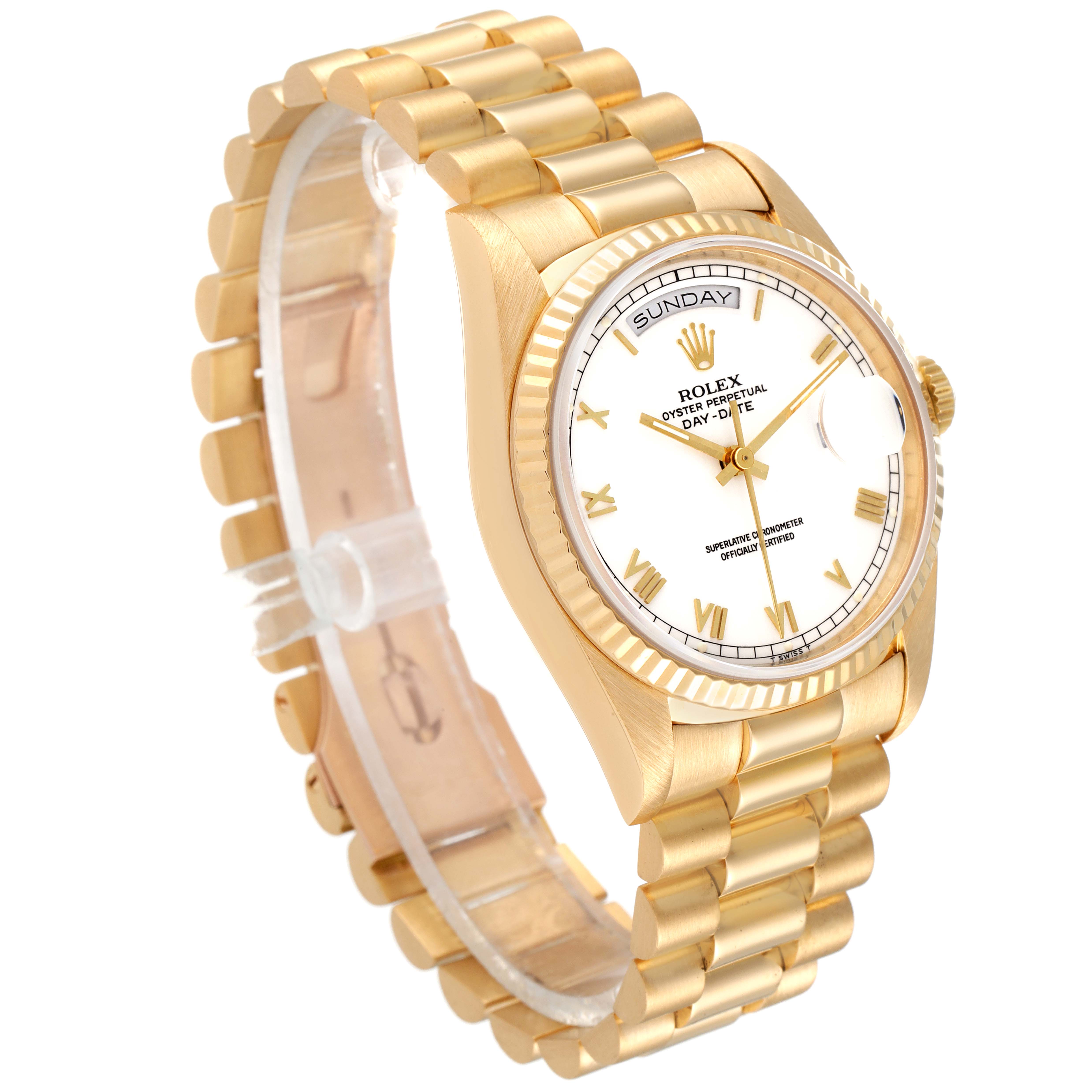 The image shows a side angle of the Rolex President 18238 Men
s Yellow Gold White Dial 18238 Men
s Yellow Gold White Dial model watch, highlighting its gold bracelet, dial, and day-date display.