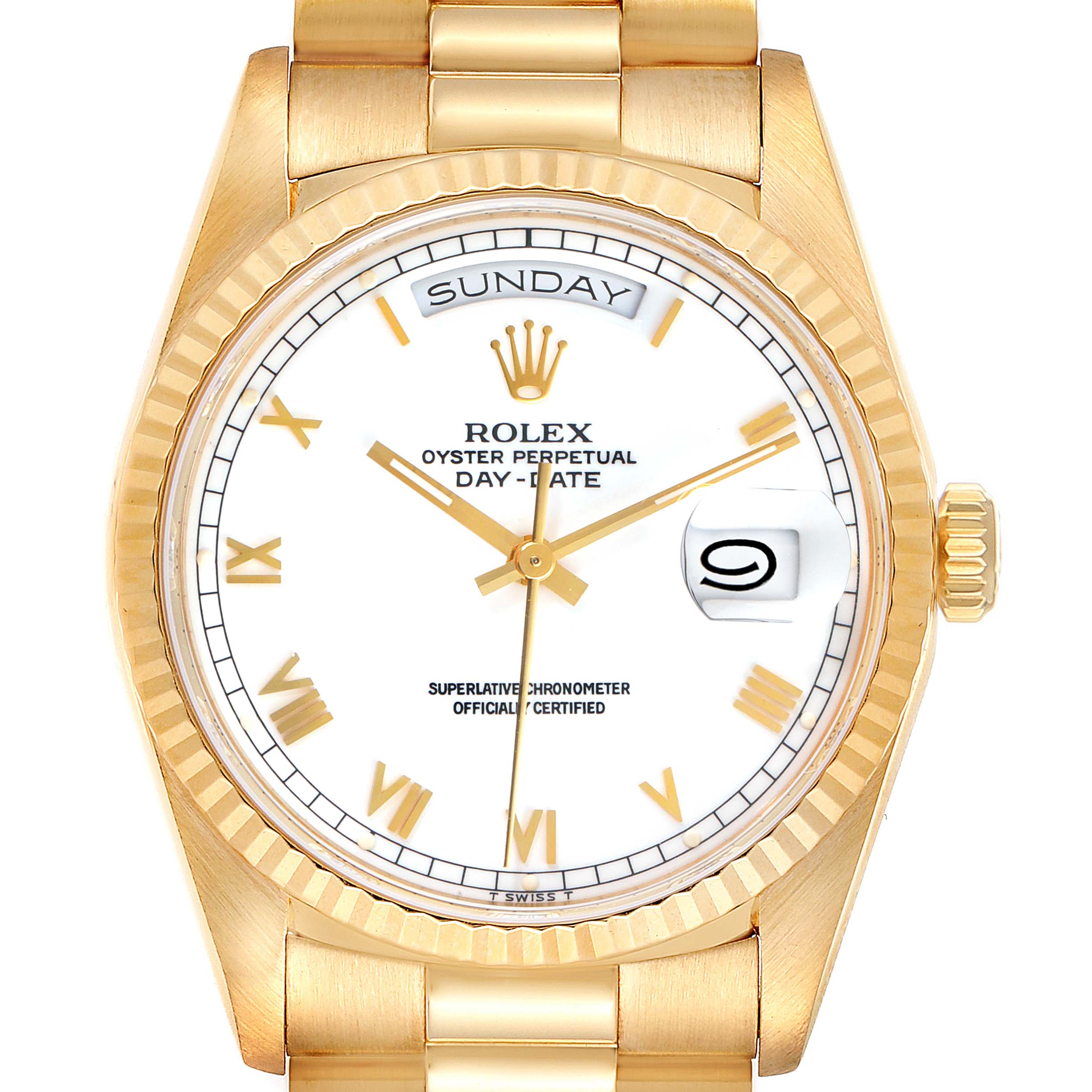 This image shows a front view of the Rolex President 18238 Men
s Yellow Gold White Dial 18238 Men
s Yellow Gold White Dial model watch, displaying the face, bracelet, and crown.