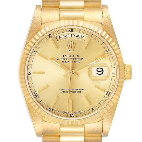 The Rolex President 18238 Men's Yellow Gold Champagne Dial model is shown from the front, highlighting the dial, bezel, and part of the bracelet.