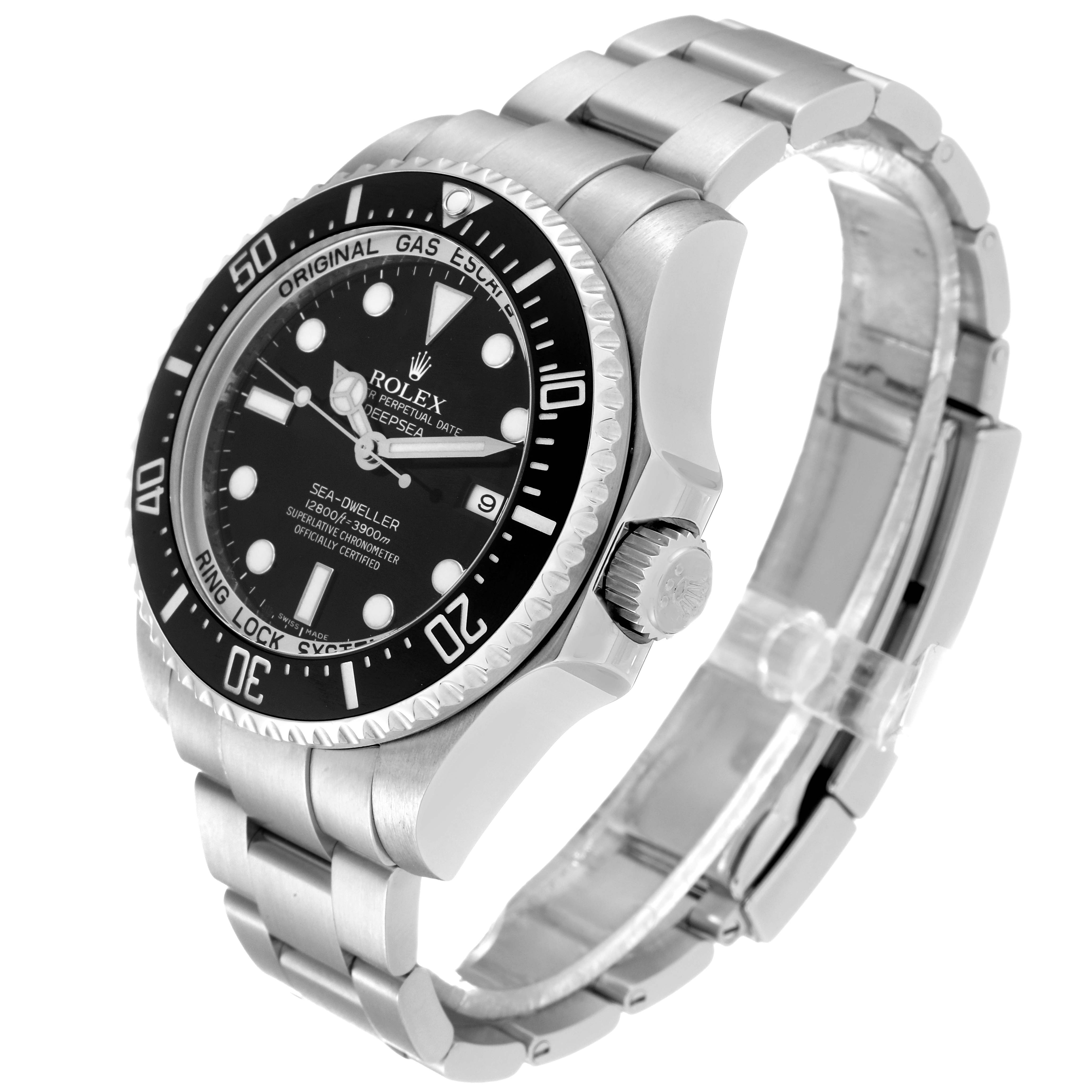 This image shows a side angle of a Rolex Sea-Dweller 116660 Men
s Stainless Steel Black Dial 116660 Men
s Stainless Steel Black Dial watch, highlighting its face, bezel, crown, and metal bracelet.